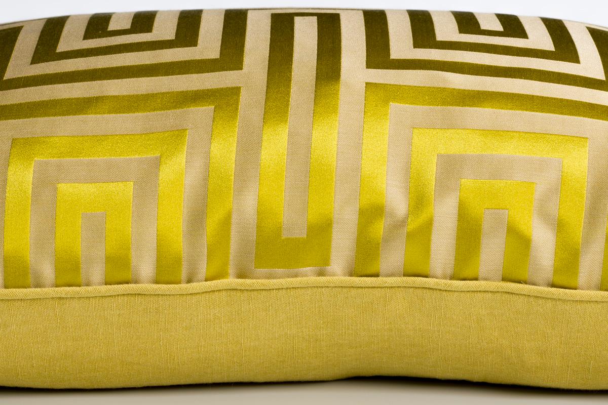 Dedalus absinthe yellow geometric silk pillow/cushion is a truly uplifting colour and this cushion/pillow is sure to inject a dose of warmth into your home. The combination with the ochre yellow linen will make an exquisite addition to any interior.