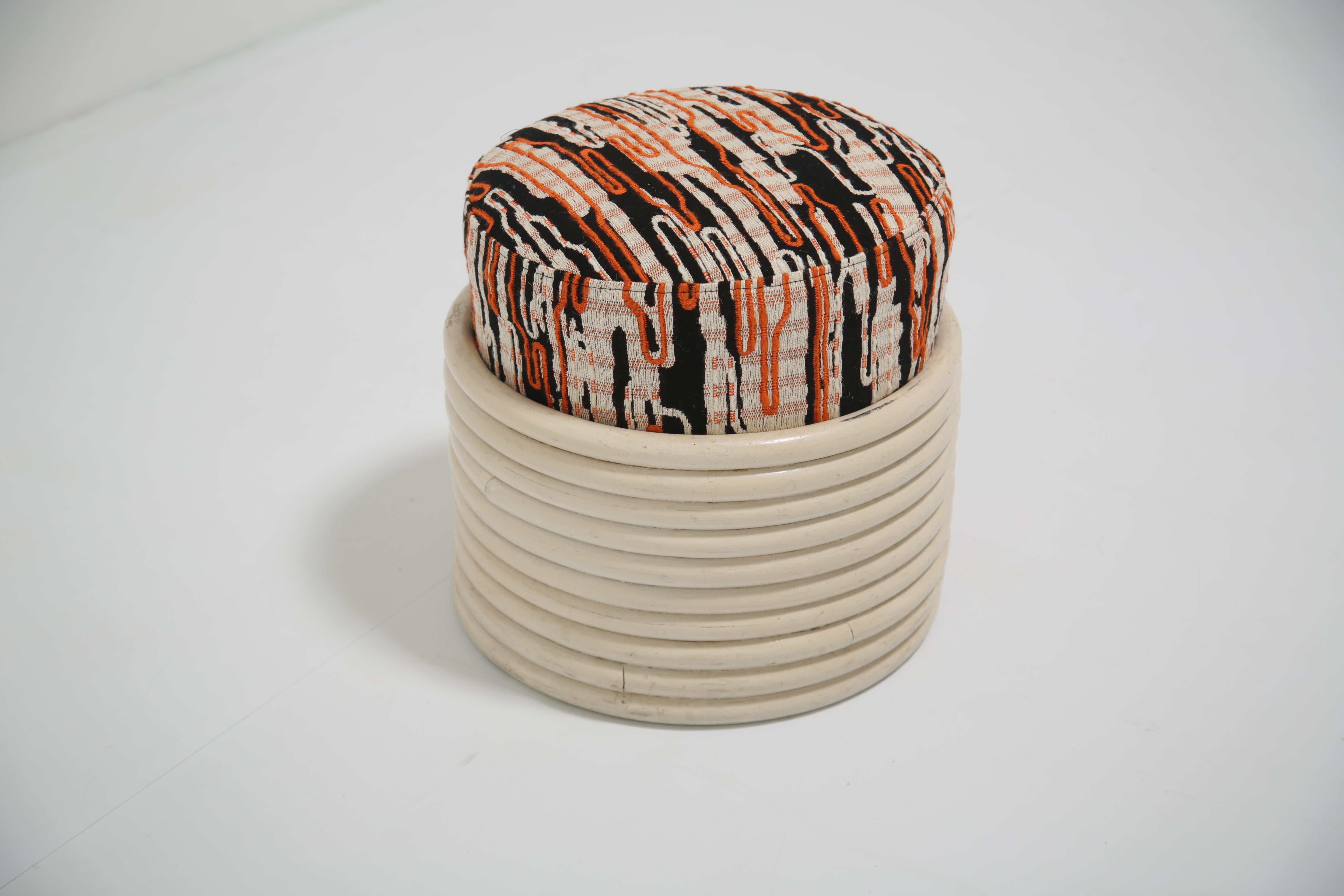 Mid-Century Modern Dedar Fabric Ani Albers pattern covered White  Bamboo mid-century stool For Sale
