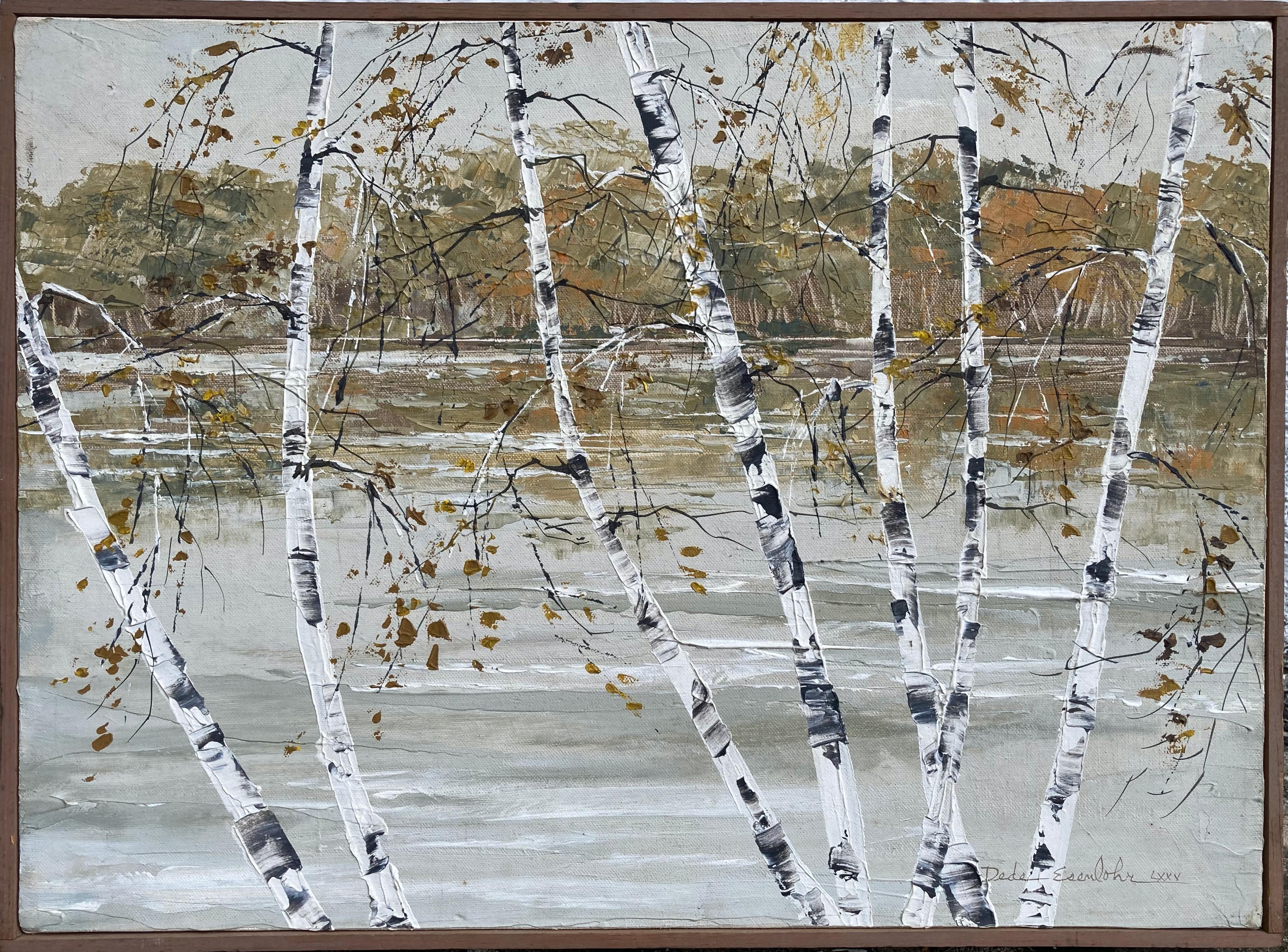 Dede Esenlohr Landscape Painting - "Autumn Birches, Wallkill River, New Jersey" - Framed 20th Century Oil Landscape