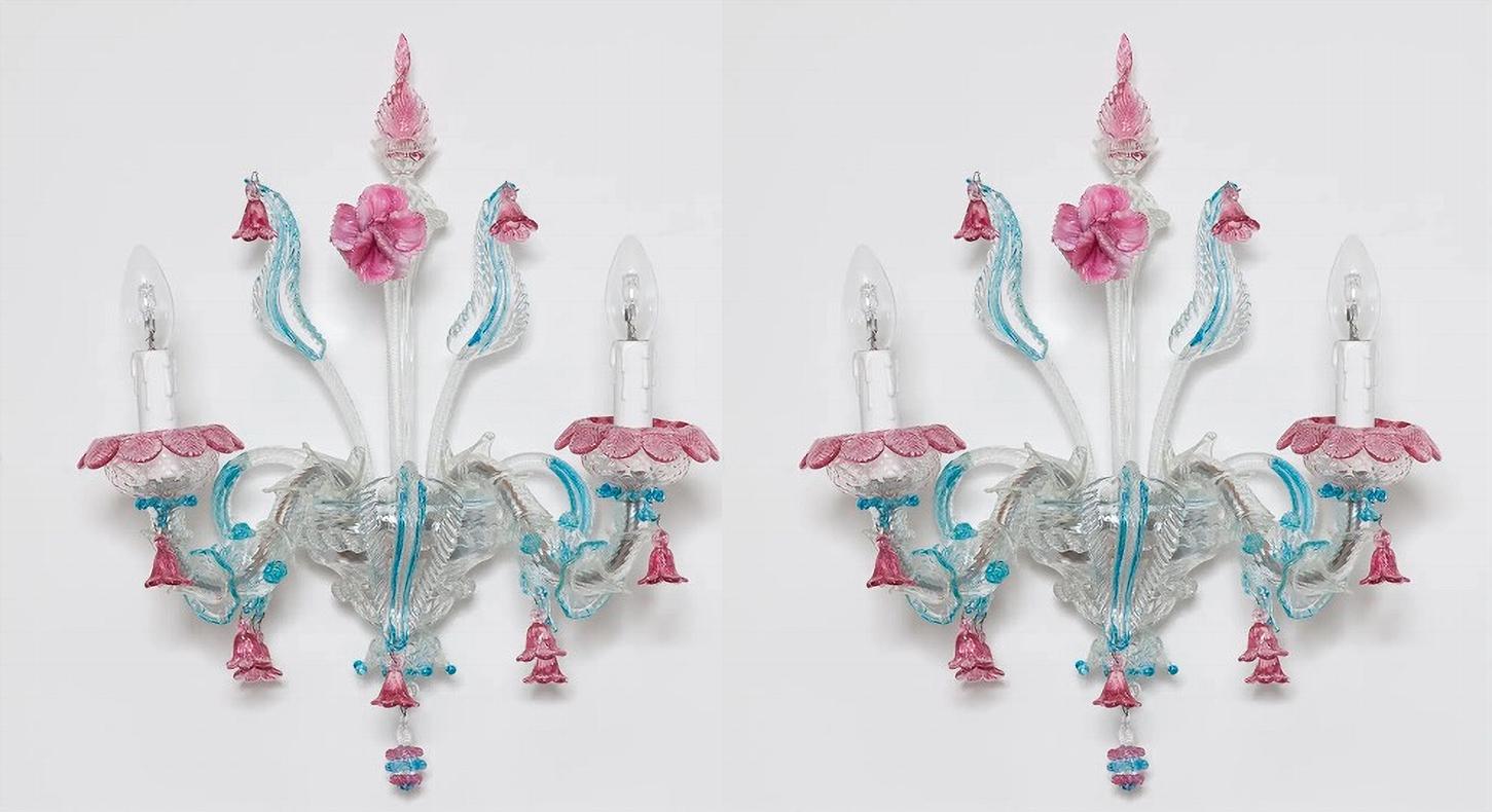 Baroque Pair of Sconce Murano Glass Pink and Light Blue 1980s Italy