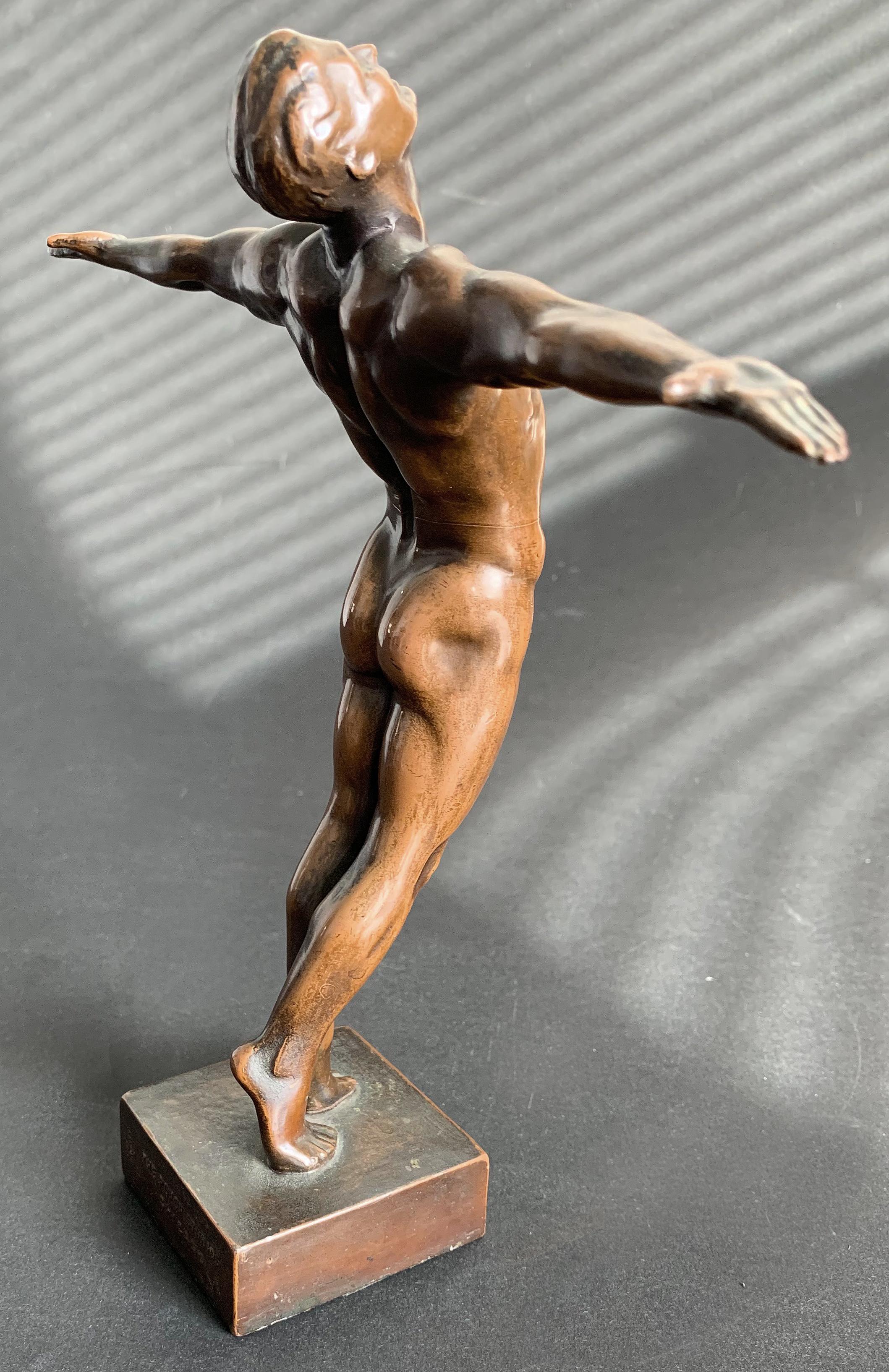 American ‘Dedication to Service, ’ Rare Art Deco Sculpture with Male Nude by Burnham