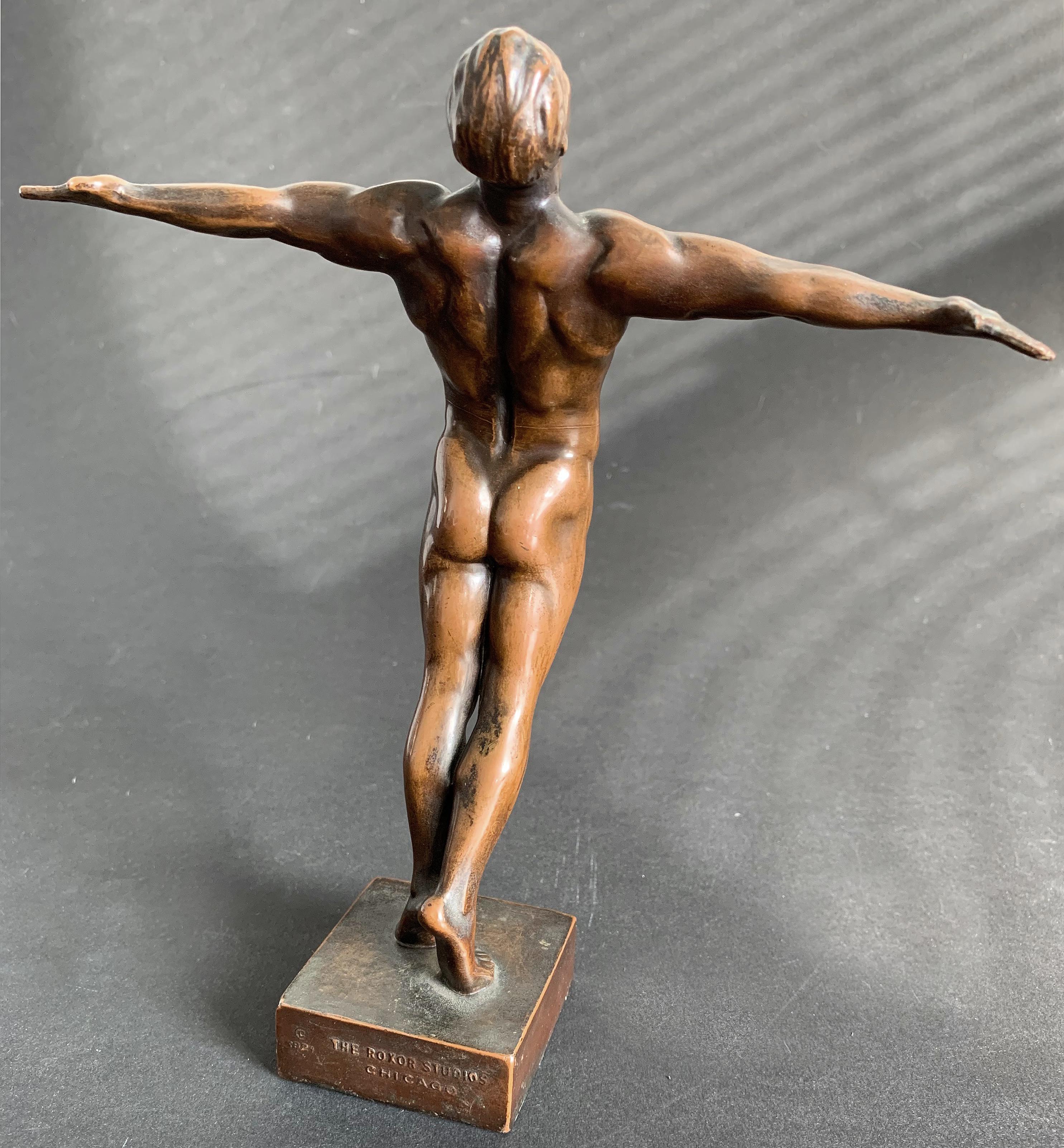 ‘Dedication to Service, ’ Rare Art Deco Sculpture with Male Nude by Burnham In Good Condition In Philadelphia, PA