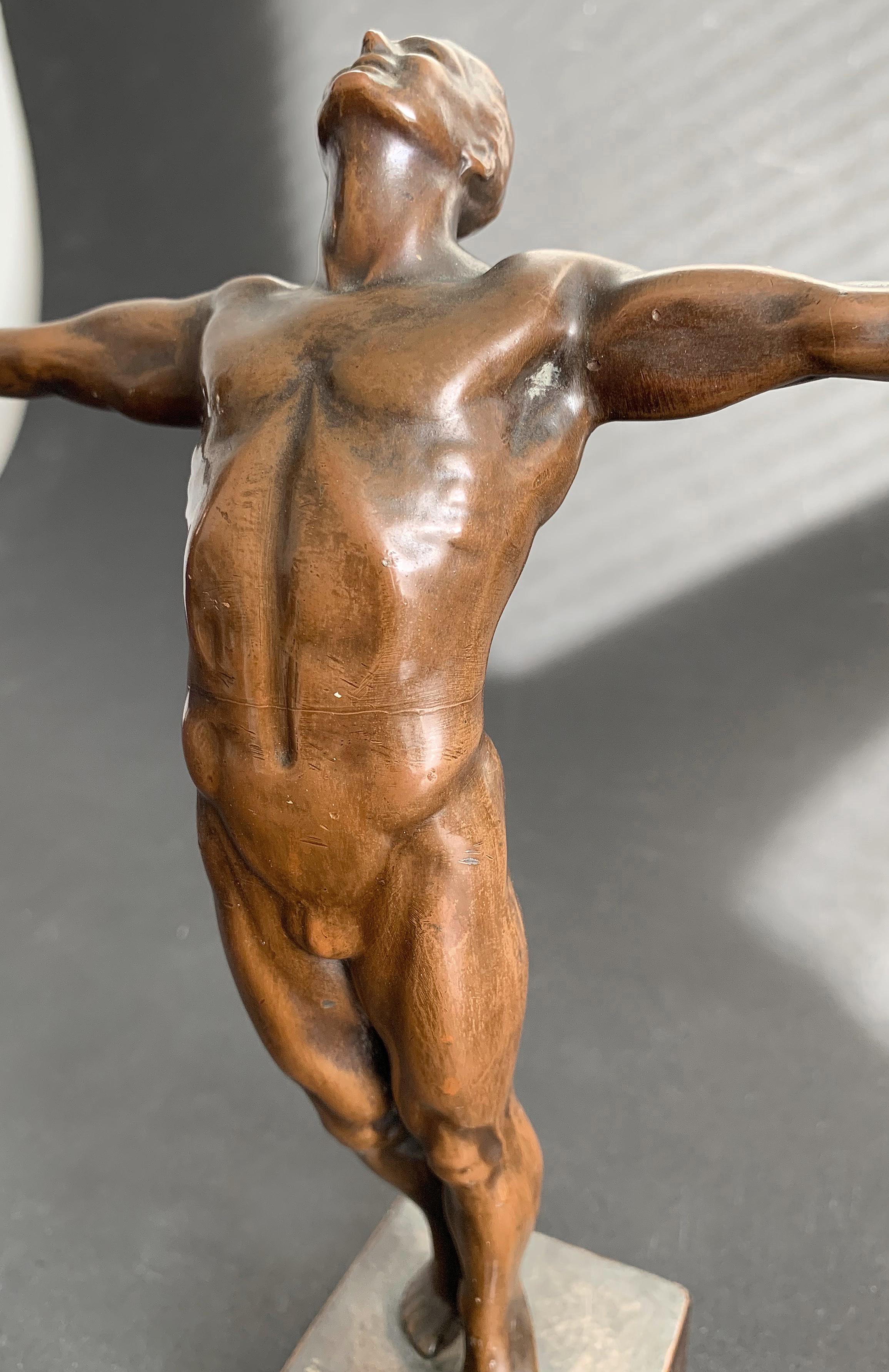 ‘Dedication to Service, ’ Rare Art Deco Sculpture with Male Nude by Burnham 2