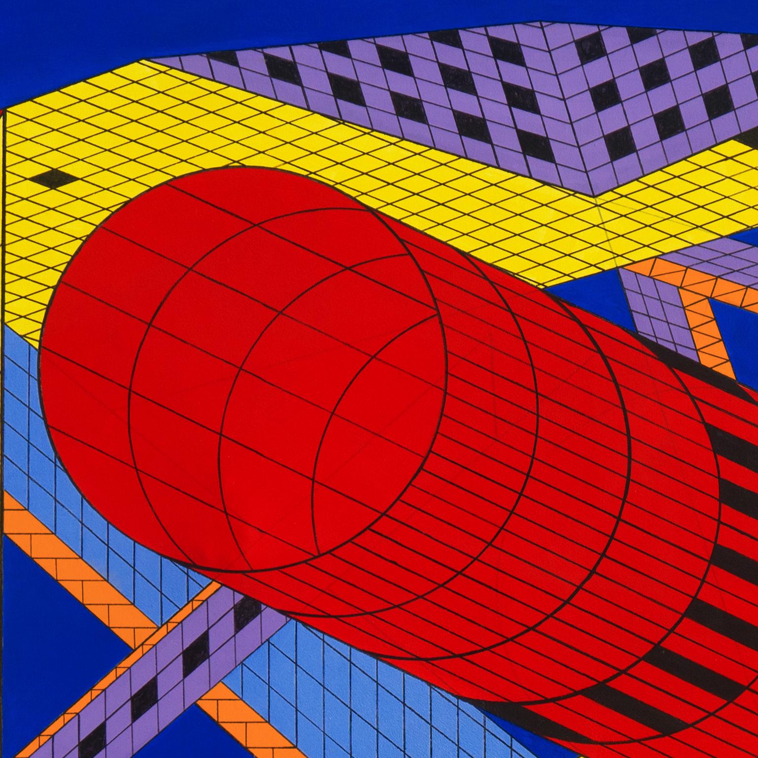 Signed lower right, 'Dee Brown' (American, 20th century) and painted circa 1995.

A massive American School, Constructivist abstract painting comprising geometric and architectural elements composed in vibrant primary and secondary colors, built