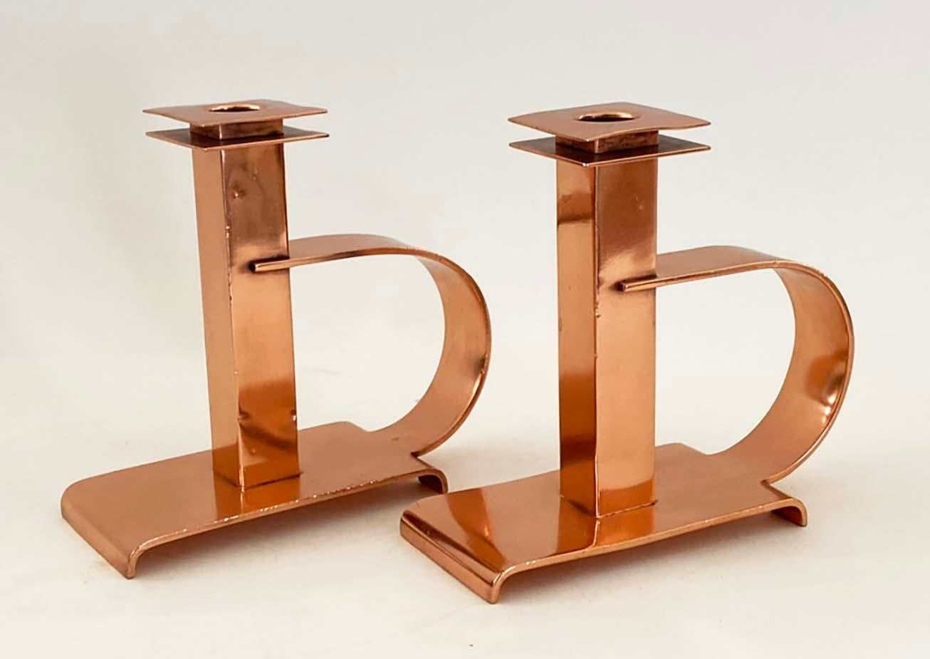 Machine Age Dee Handle Copper Candlesticks by Albert Reimann for Chase Brass & Copper Co. For Sale