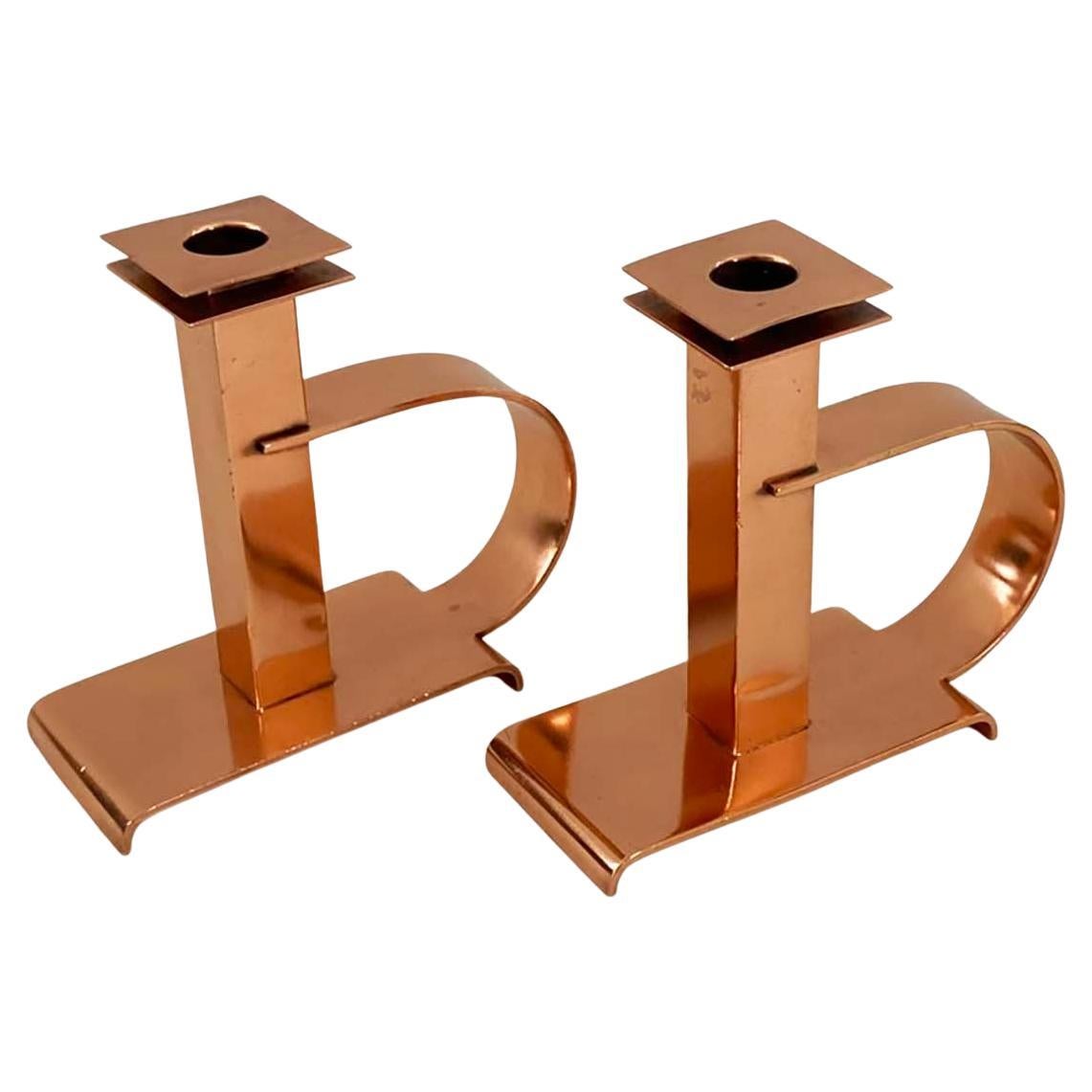 Dee Handle Copper Candlesticks by Albert Reimann for Chase Brass & Copper Co. For Sale