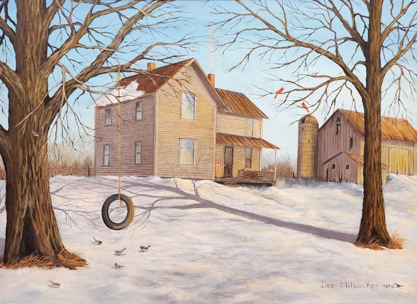 The Old Farm, Winter Landscape, Michigan Farm, Cardinals, Tire Swing  - Painting by Dee Milbocker
