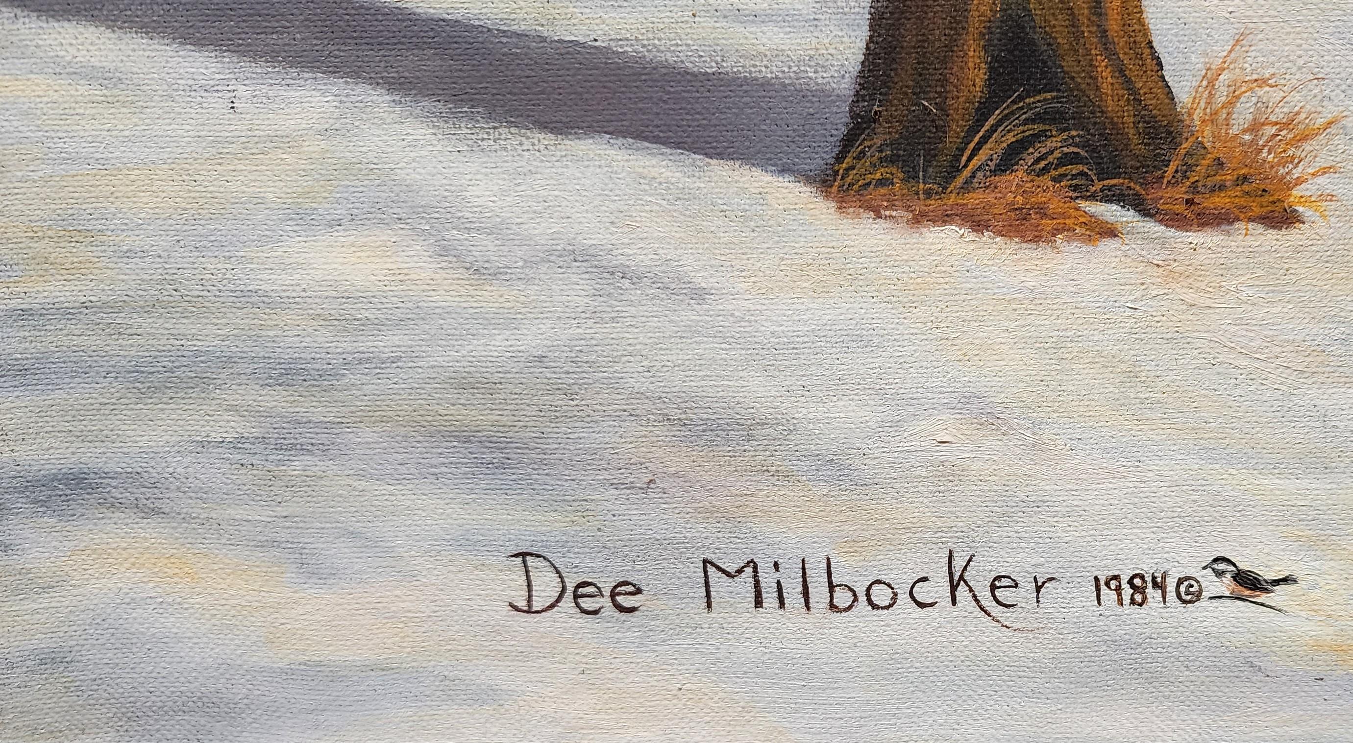 The Old Farm, Winter Landscape, Michigan Farm, Cardinals, Tire Swing  - American Realist Painting by Dee Milbocker