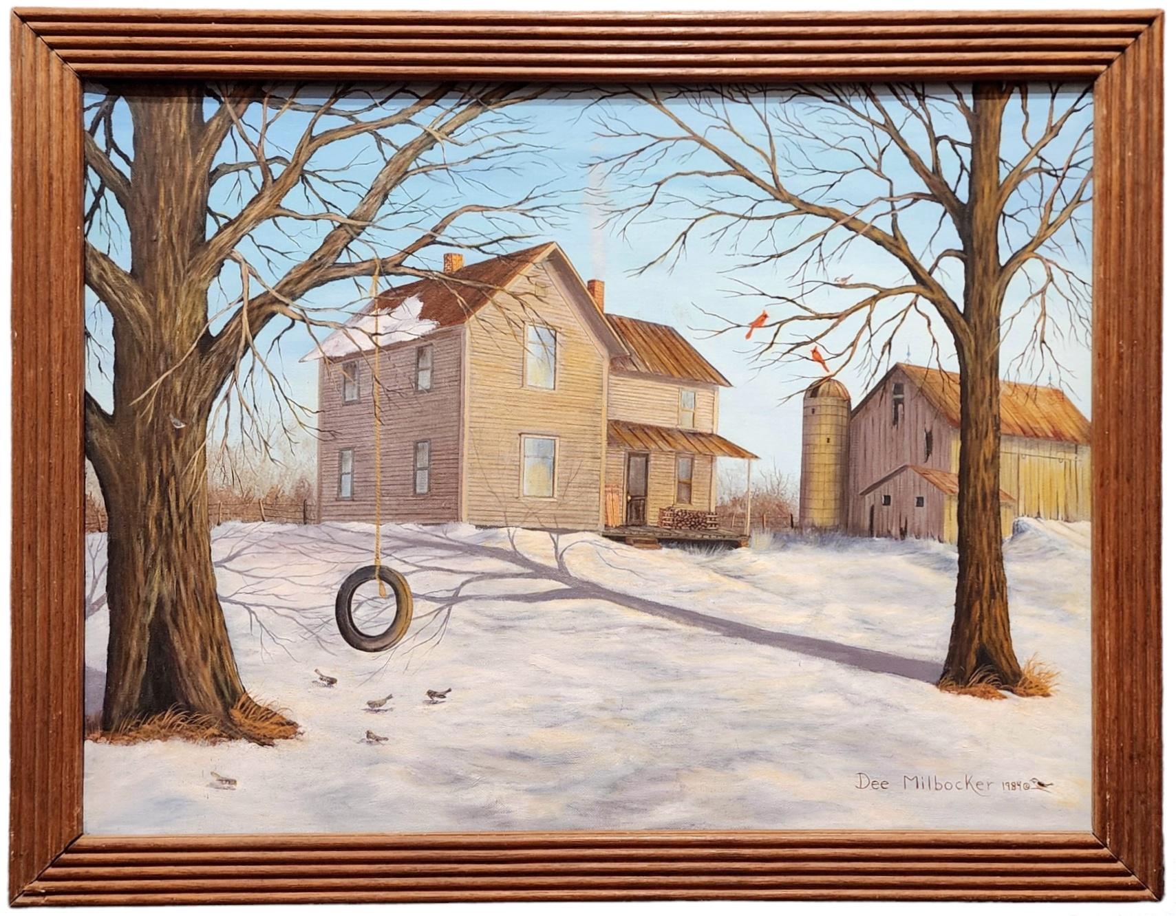 Dee Milbocker Landscape Painting - The Old Farm, Winter Landscape, Michigan Farm, Cardinals, Tire Swing 