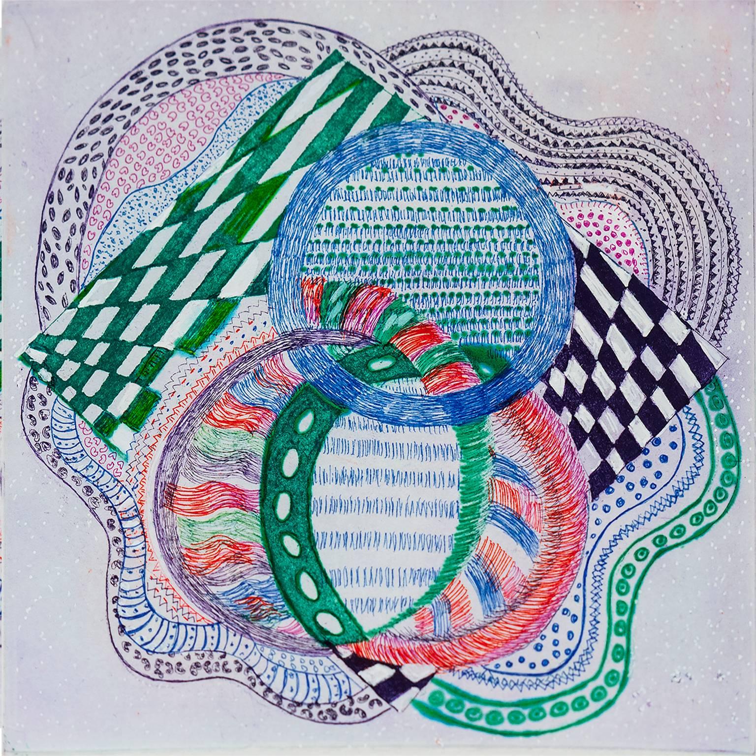 Dee Shapiro Abstract Print - "On The Way Home", abstract pattern etching print, red, blue, green, violet.