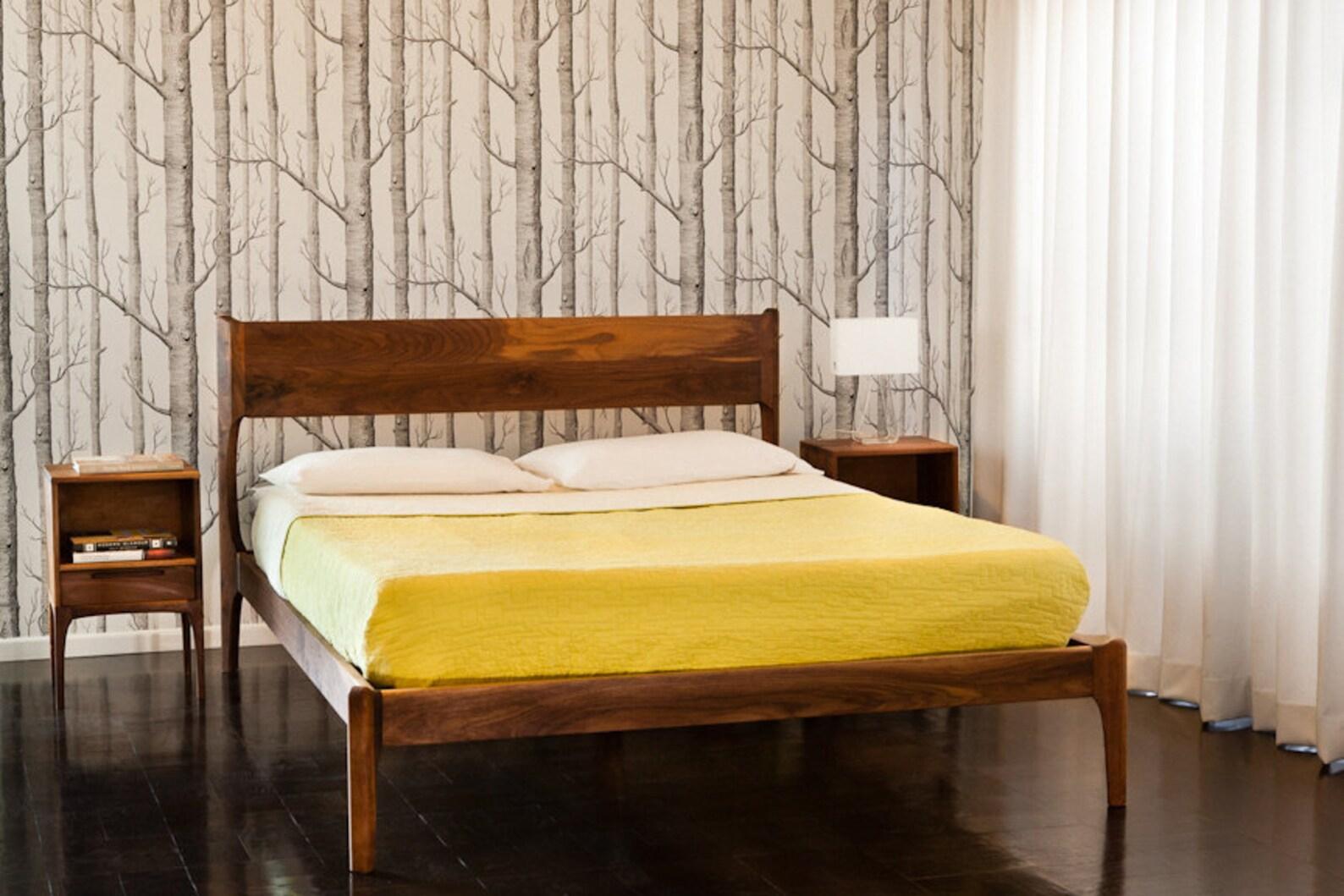 American Deeble Classic Modern Bed & Nightstand Set, Midcentury Walnut Minimalist Queen For Sale