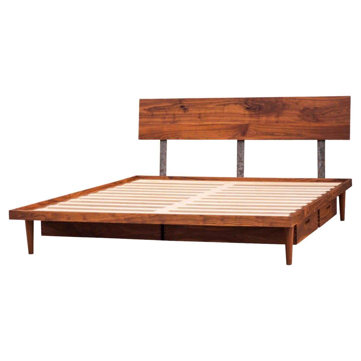 Deeble "Western" Platform Bed, Mid-Century Modern Solid Walnut Storage King For Sale