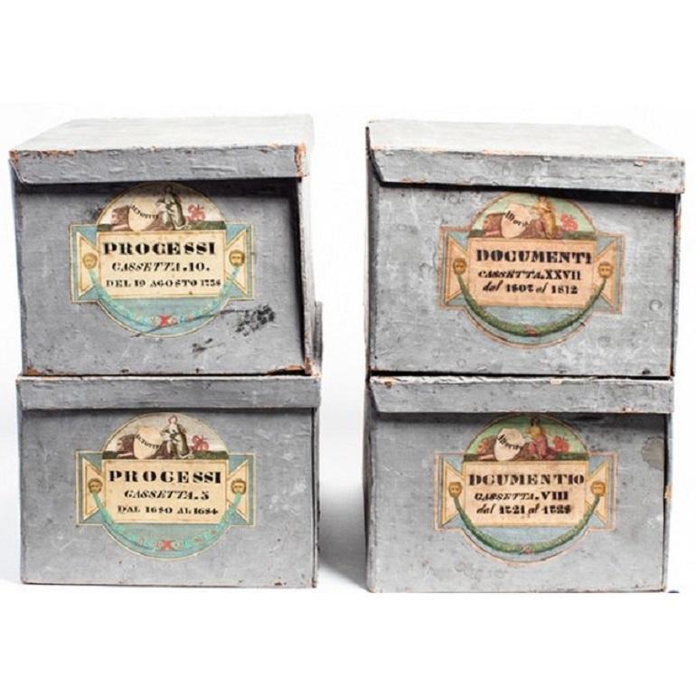 Antique Italian deed boxes from Parma, Italy, made circa 1880. The boxes are bear the Altoviti family crest, featuring classical Roman motifs, including lions and lobsters. Two boxes are each labeled 