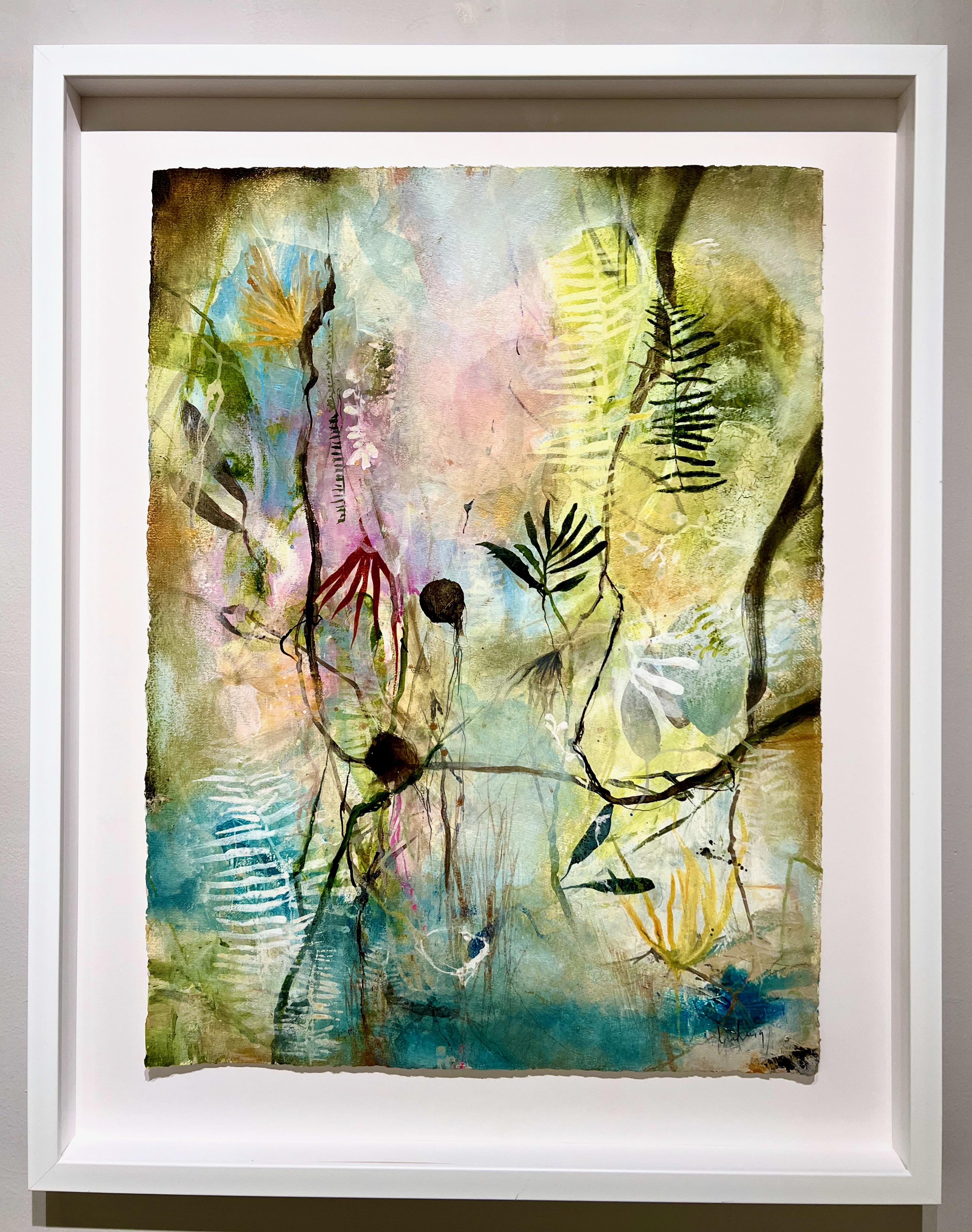 Rather than re-creating a literal landscape on canvas or paper, I aim to express its essence in a rich and complex form of delicately painted organic subjects that float and trail across the surface. Fragmentary plant forms drift within color