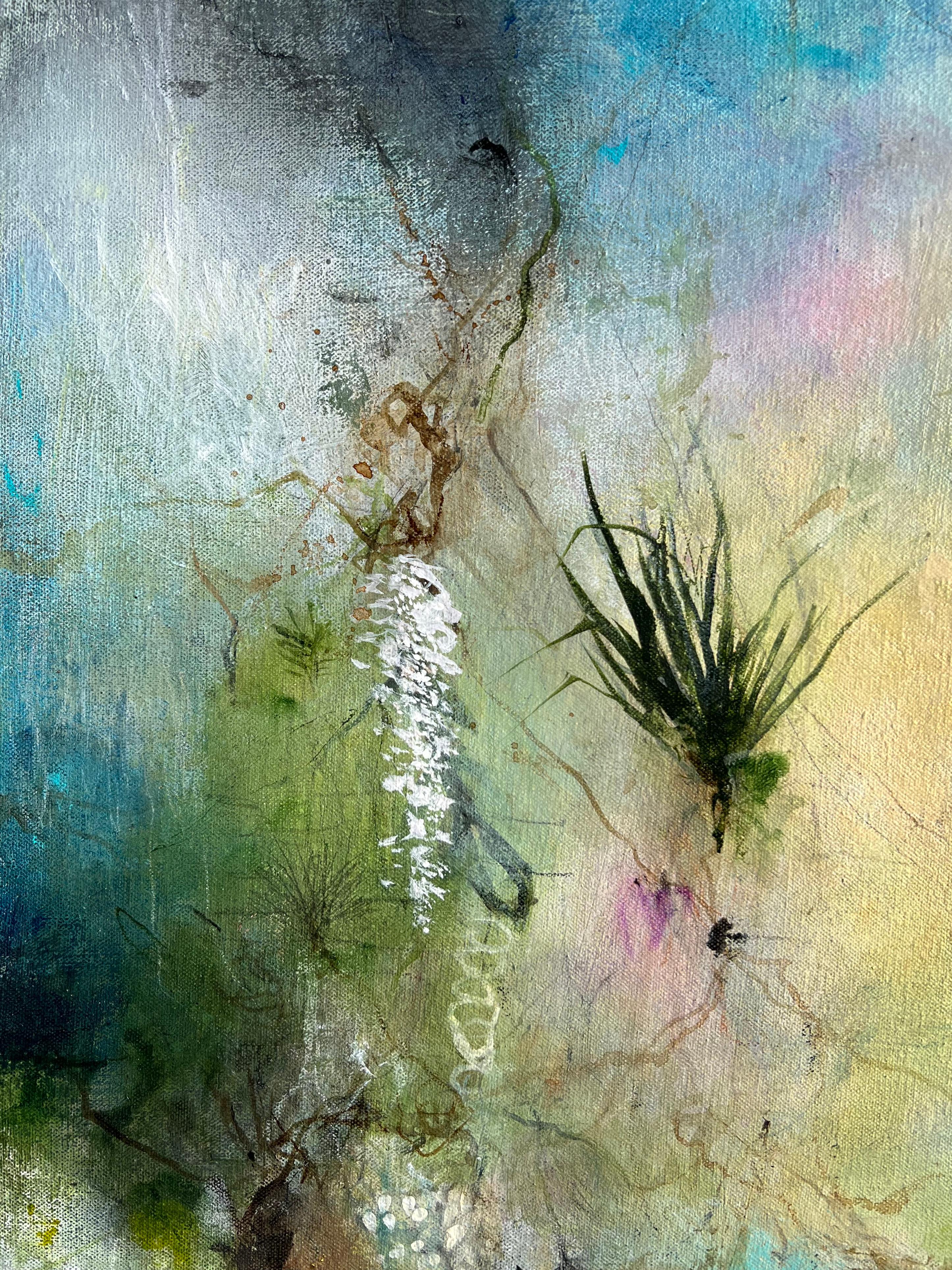 Rather than re-creating a literal landscape on canvas or paper, I aim to express its essence in a rich and complex form of delicately painted organic subjects that float and trail across the surface. Fragmentary plant forms drift within color