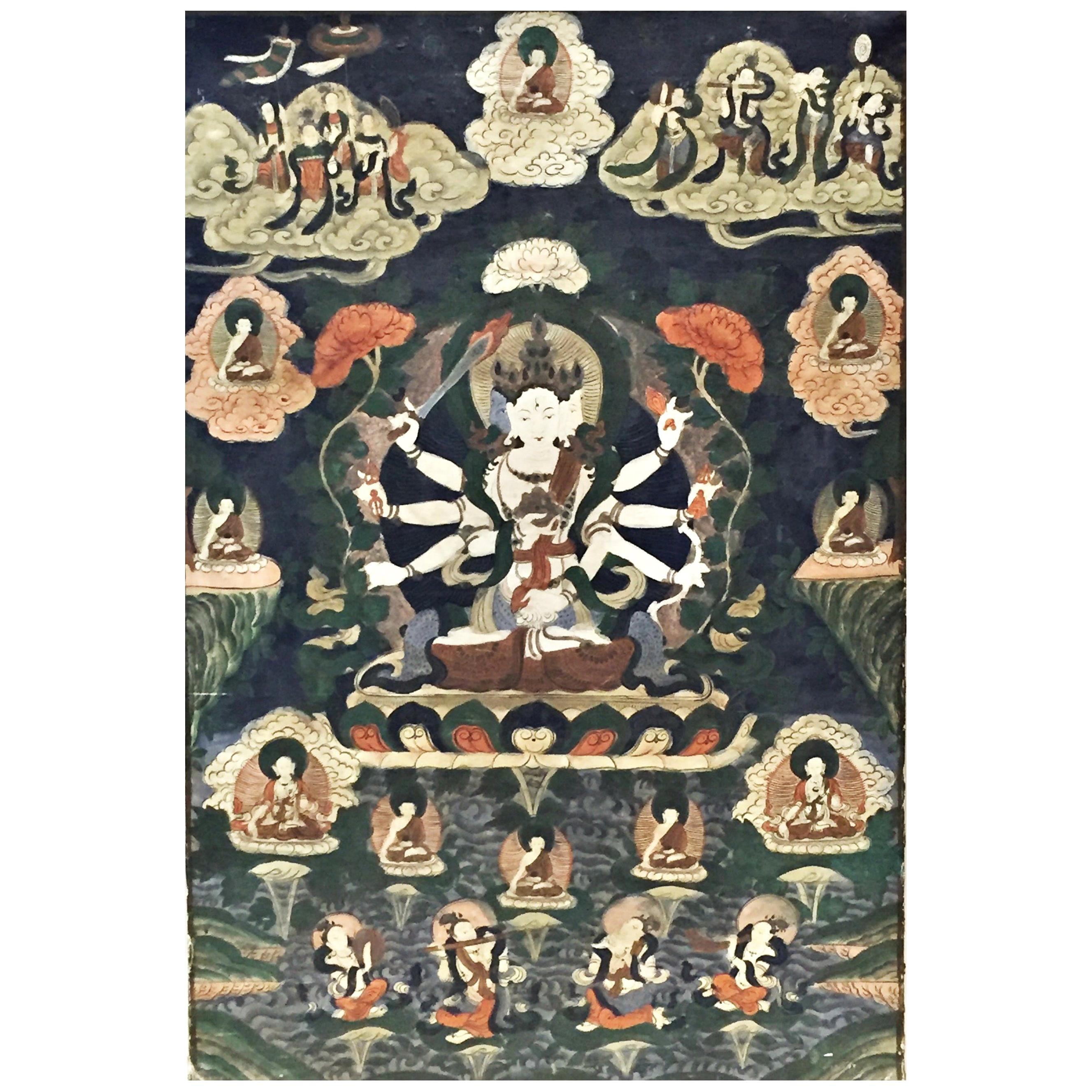 Deeds of Manjushri, Tibetan Thangka Natural Pigments on Cotton Painting