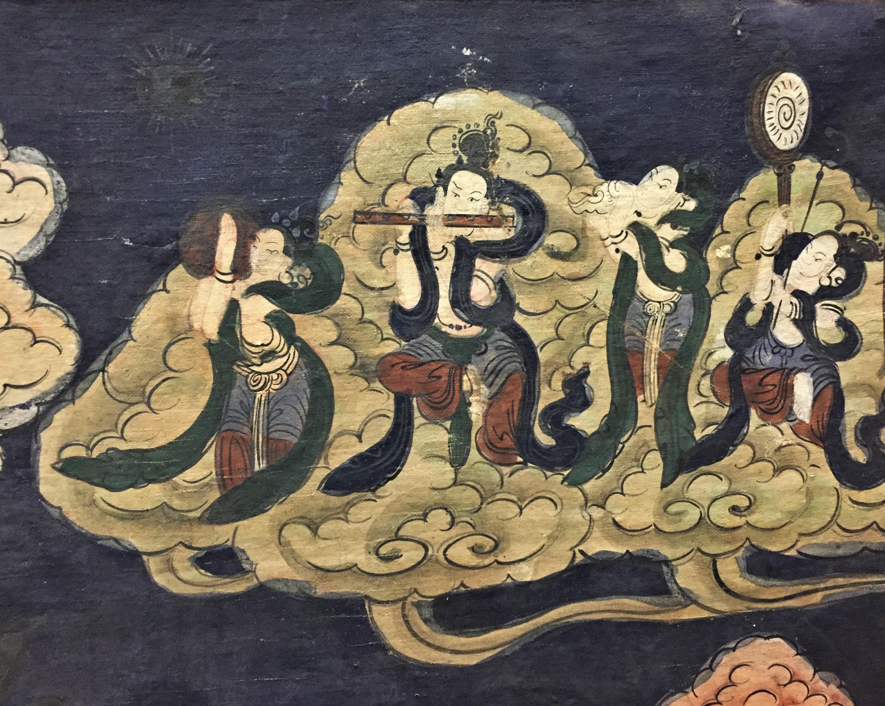Deeds of Manjushri, Tibetan Thangka Natural Pigments on Cotton Painting In Good Condition In New York, NY