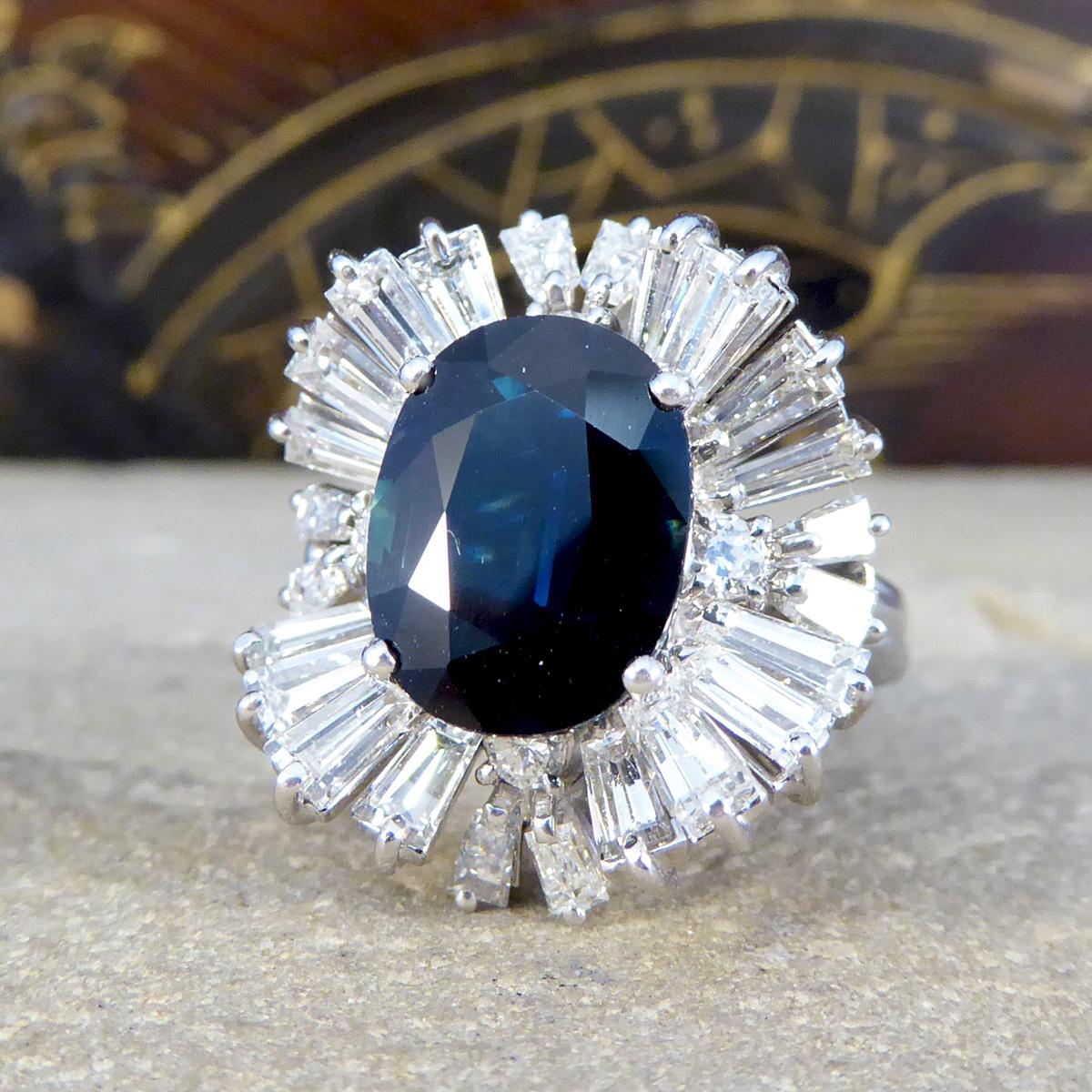 Deep 4.33ct Sapphire and Diamond Ballerina Ring in 18ct White Gold In Excellent Condition In Yorkshire, West Yorkshire