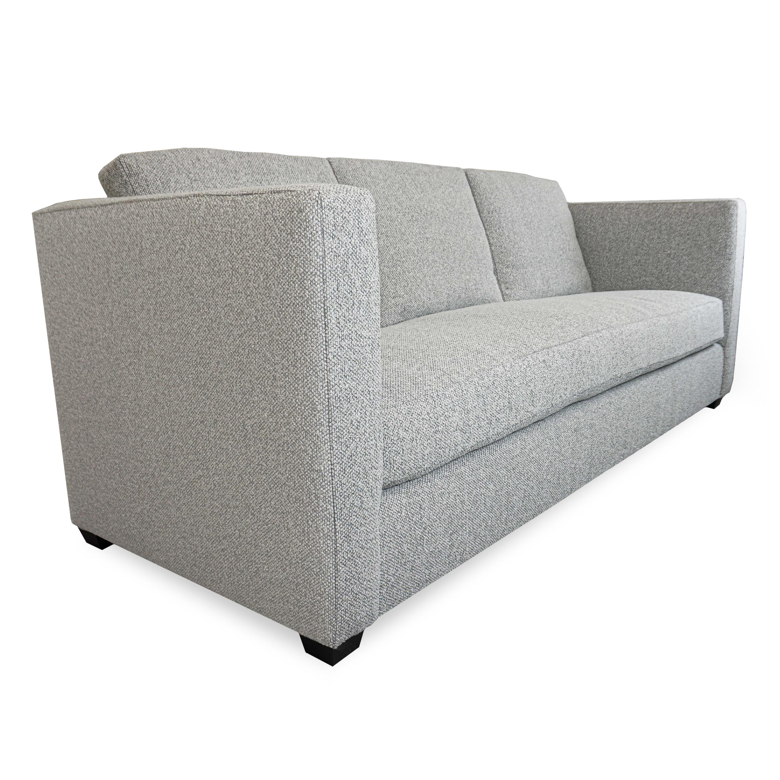 Tuxedo style sofa with a single firm down/feather wrapped foam bench cushion and 3 loose feather/down wrapped foam back pillows sit atop a solid maple frame with 8-way hand tied springs. Textured linen multi-tonal gray upholstery makes this piece