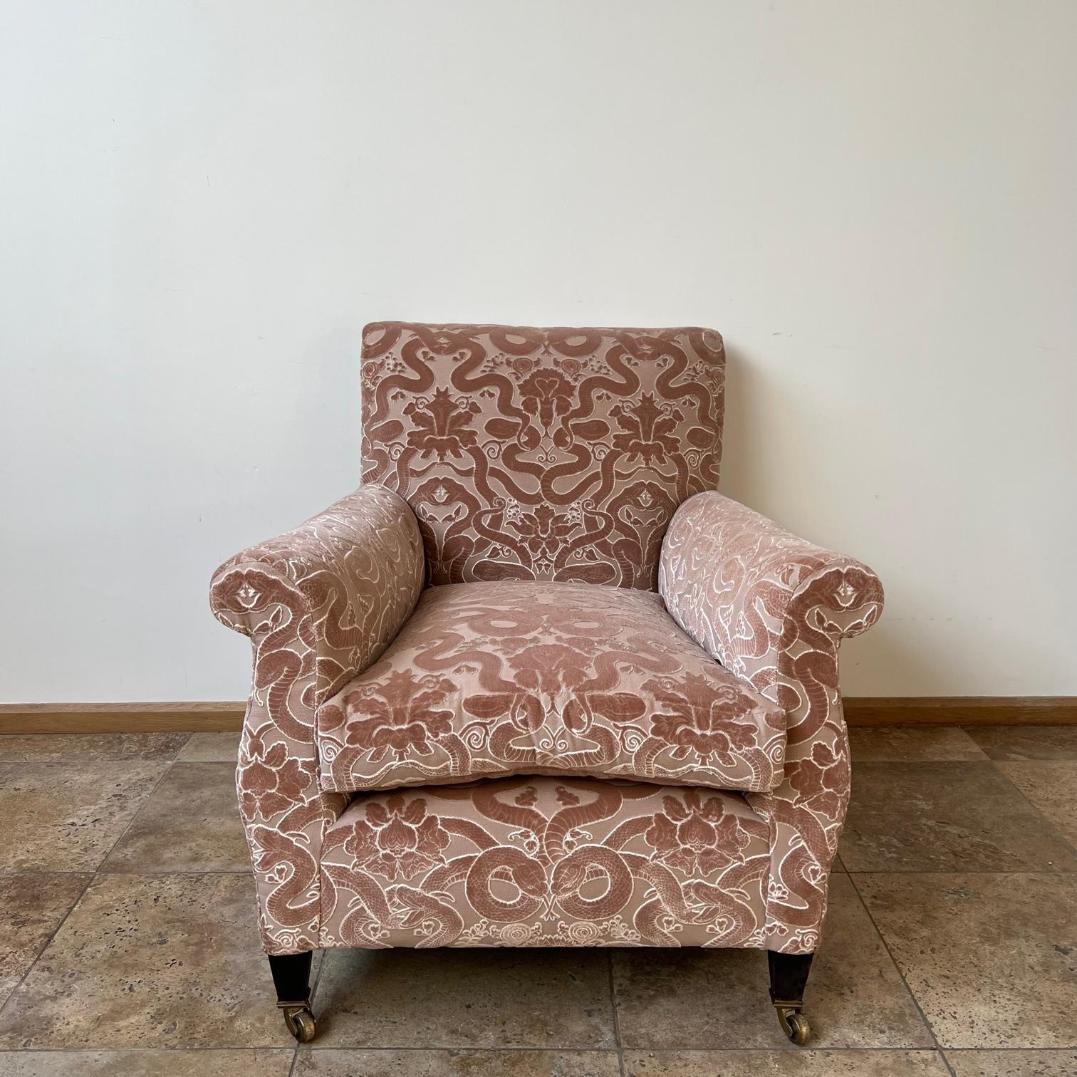 An antique deep seated armchair. 

England, c1920s. 

Upholstered in House of Hackney 'Anaconda' fabric . 

A smooth velvet fabric. 

Location: London Gallery.

Dimensions: 81 W x 98 D x 50 Seat Height x 85 in cm.

Delivery: POA

We