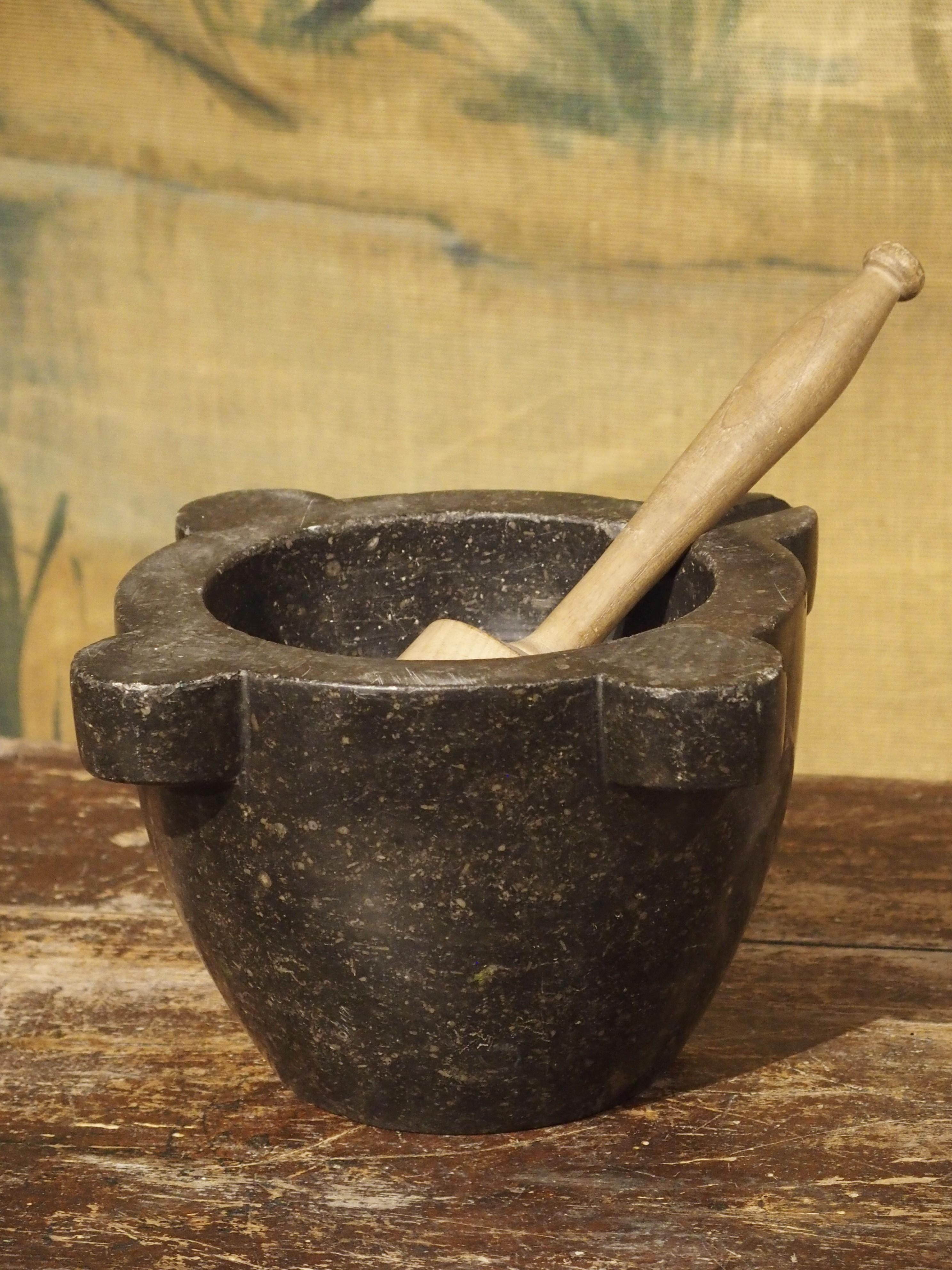 Deep Black Marble Mortar and Pestle from France, 19th Century at
