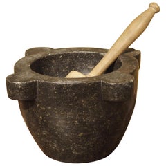 Deep Black Marble Mortar and Pestle from France, 19th Century