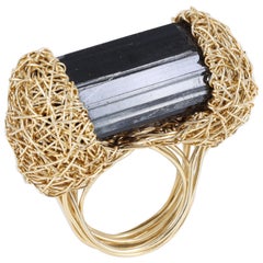 Deep Black Raw Tourmaline in 14 Karat Gold Statement Ring by Sheila Westera