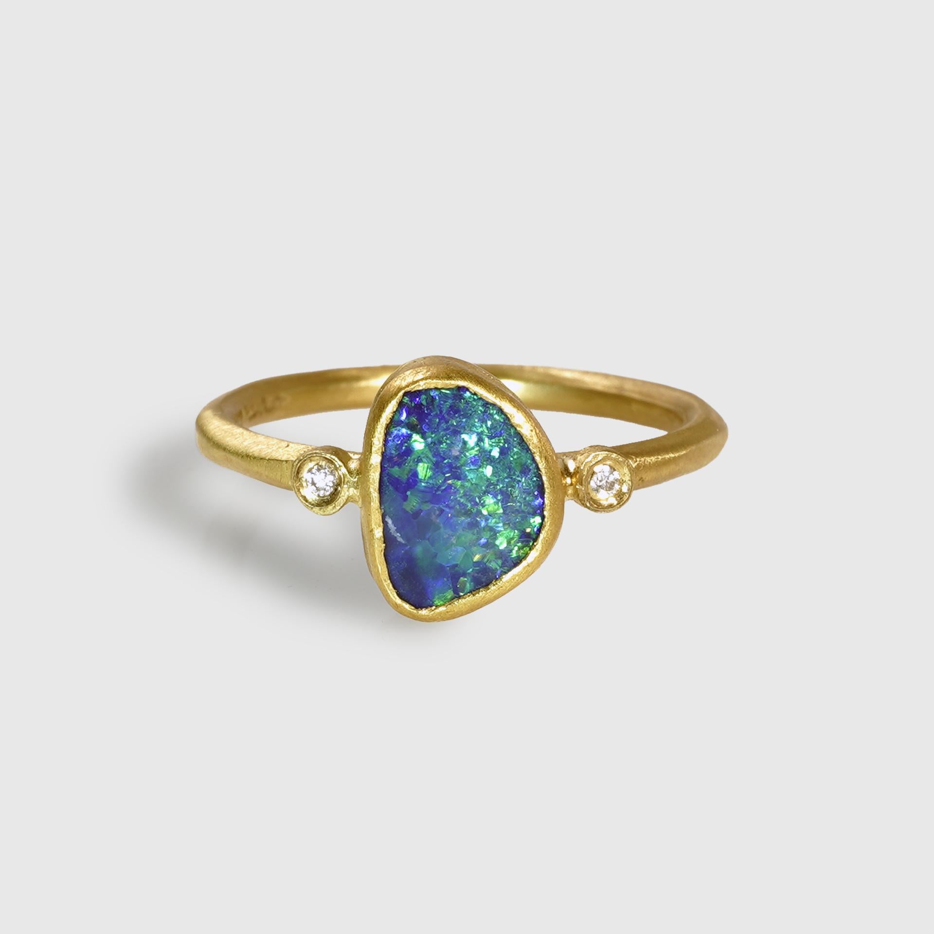 Taille ronde Deep Blue 0.84ct Freeform Australian Boulder Opal Stackable Ring w/ Diamonds 24k en vente