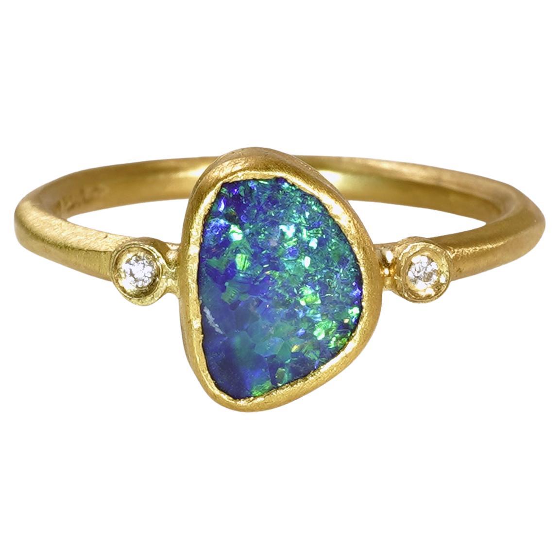 Deep Blue 0.84ct Freeform Australian Boulder Opal Stackable Ring w/ Diamonds 24k
