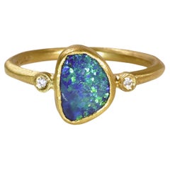 Deep Blue 0.84ct Freeform Australian Boulder Opal Stackable Ring w/ Diamonds 24k