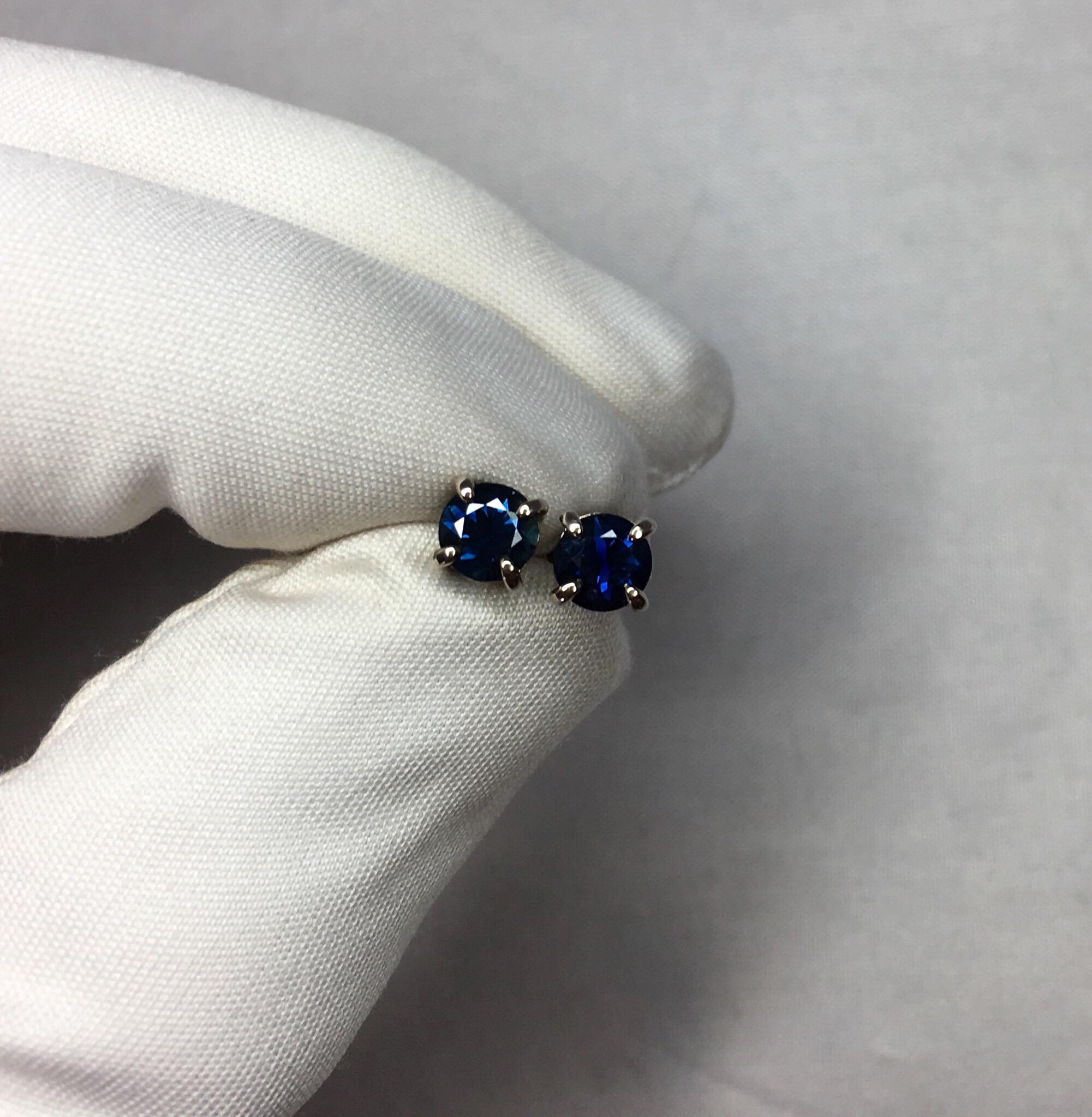 NEW Deep Blue 1.22 Carat Australian Sapphire 18K Gold Round Cut Earring Studs 1