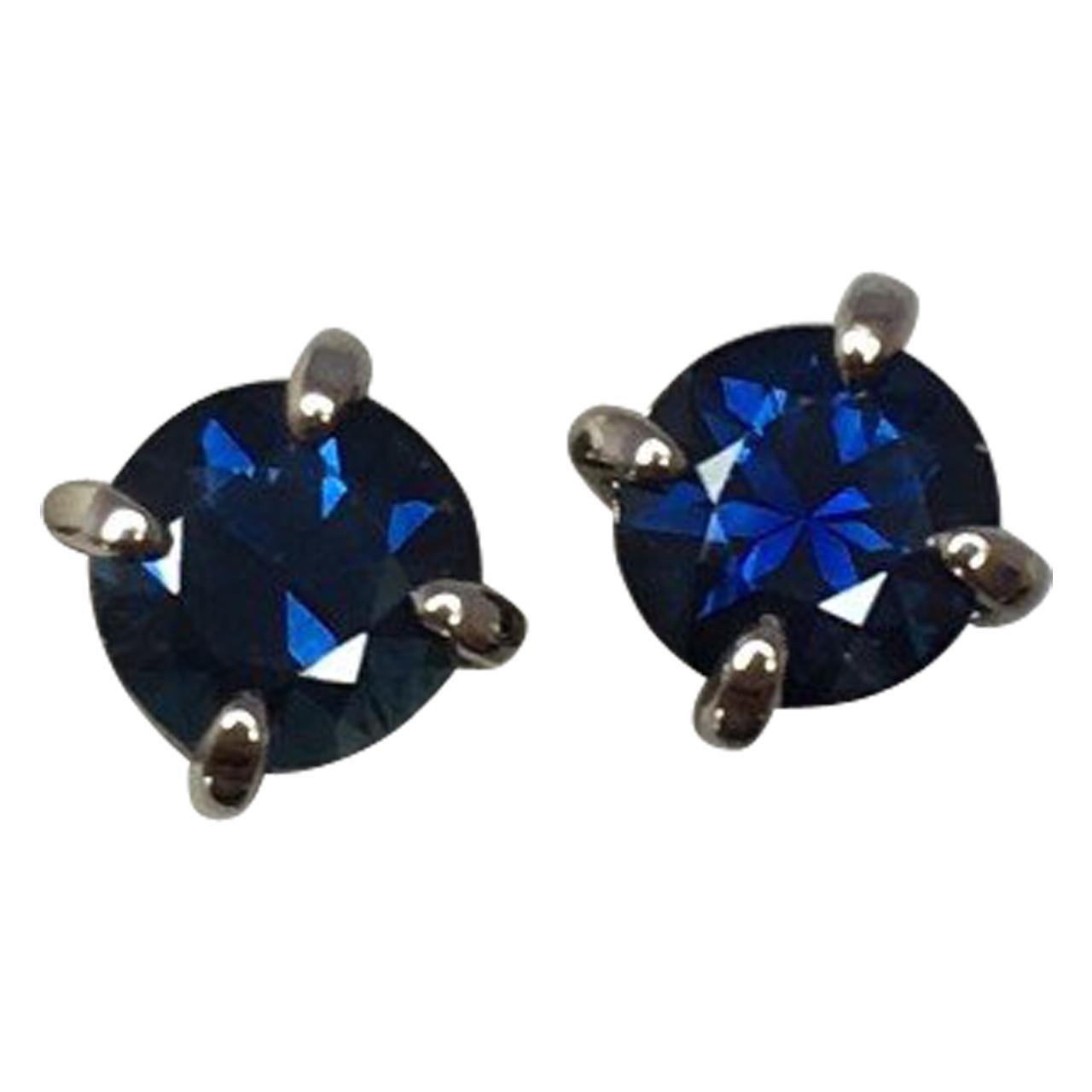 NEW Deep Blue 1.22 Carat Australian Sapphire 18K Gold Round Cut Earring Studs