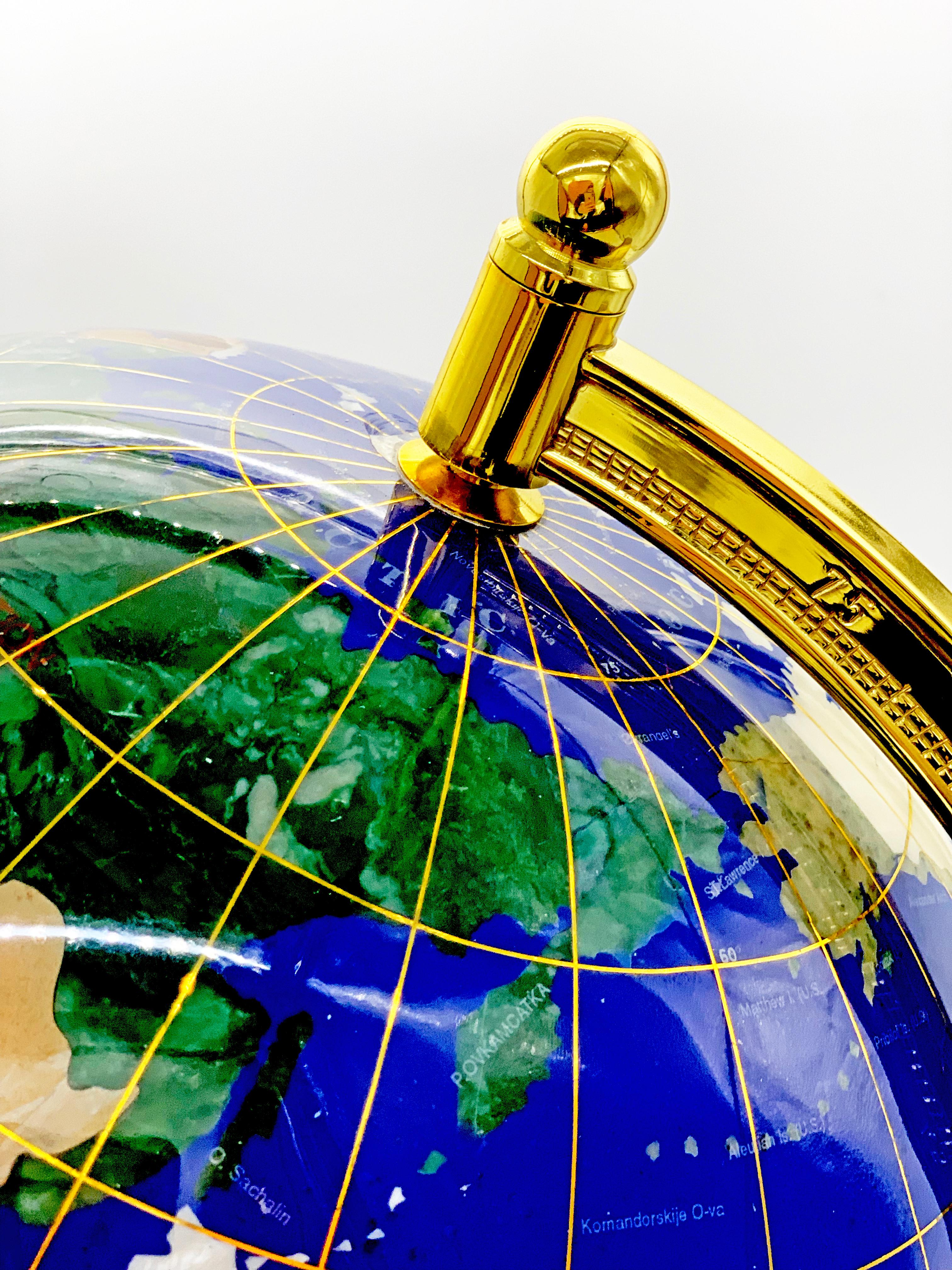 Deep Blue and Gold Rotating Globe late 20th Century Gemstone/Semiprecious Stones 1