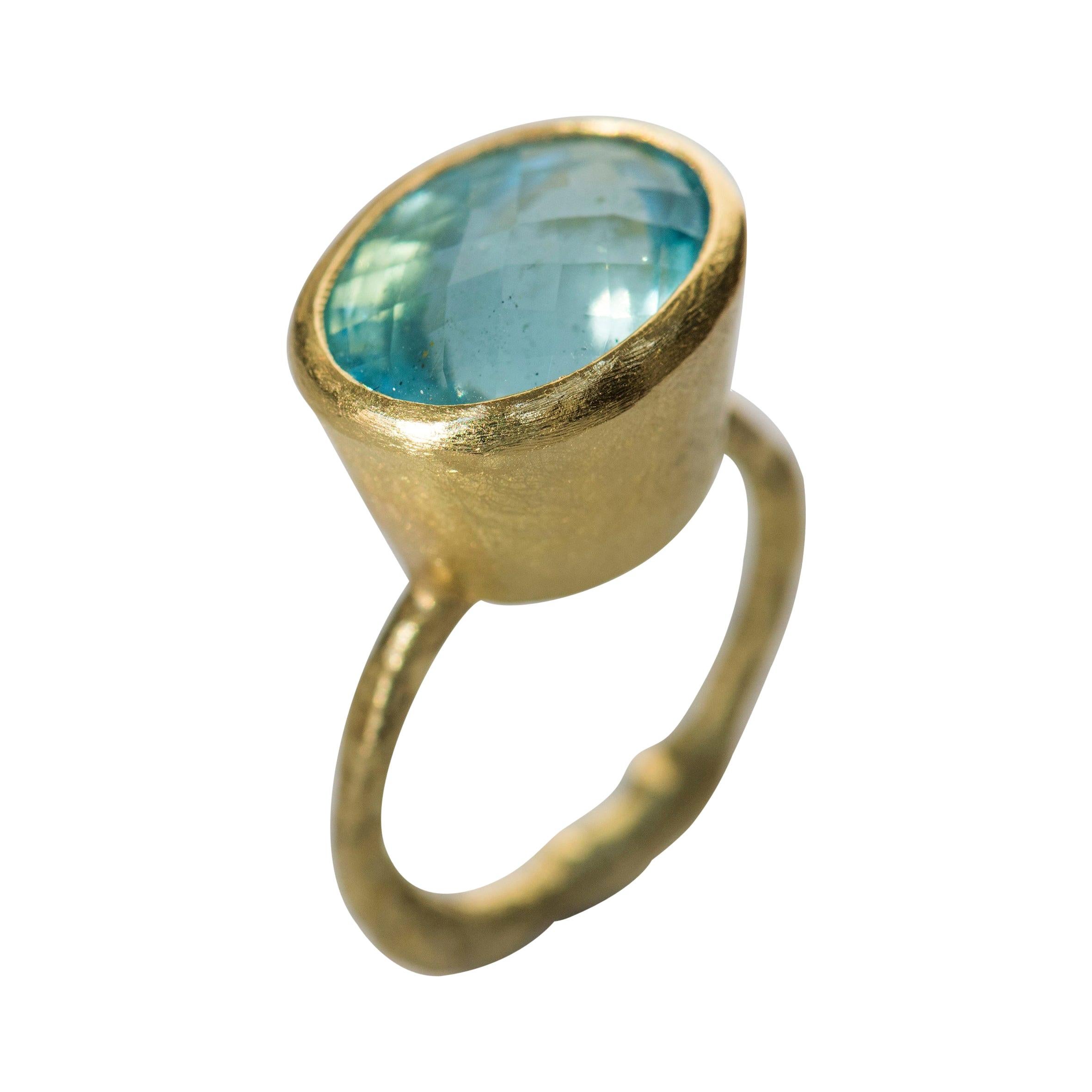 Deep Blue Aquamarine 18 Karat Gold Ring Handmade by Disa Allsopp For Sale