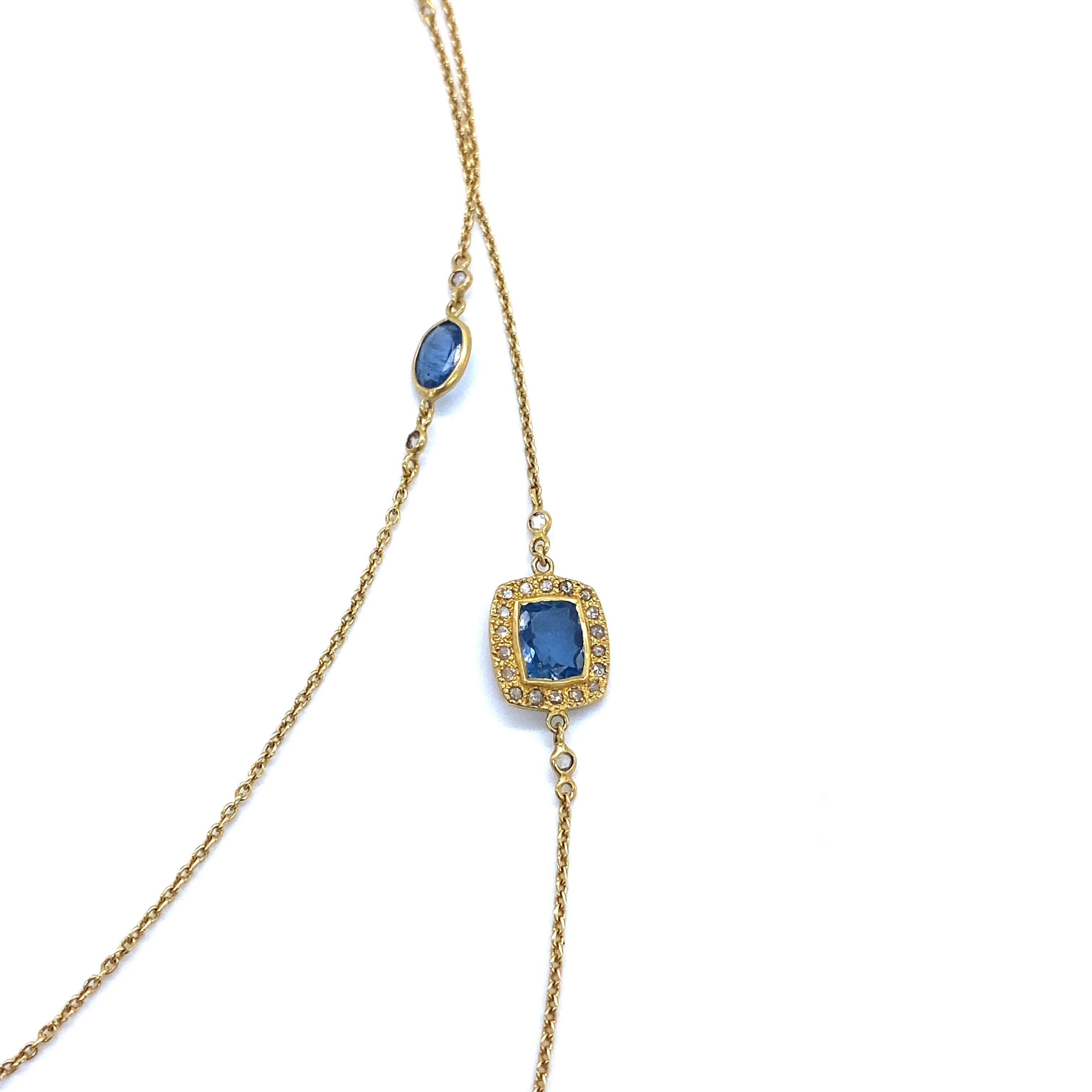 Rose Cut Deep Blue Aquamarine and Diamond Necklace Set in 20 Karat Yellow Gold For Sale
