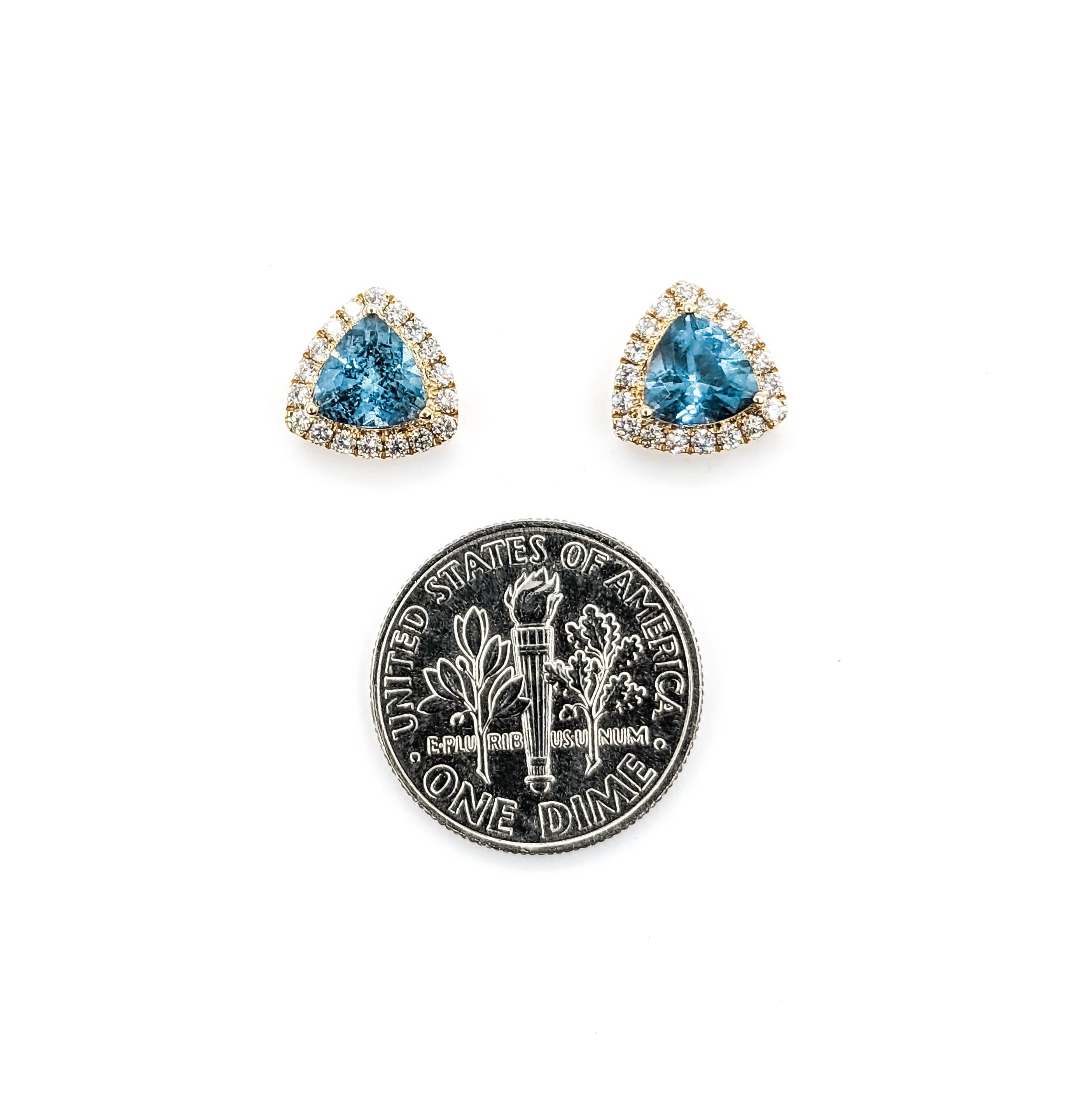 Contemporary Deep Blue Aquamarine & Diamond Stud Earrings