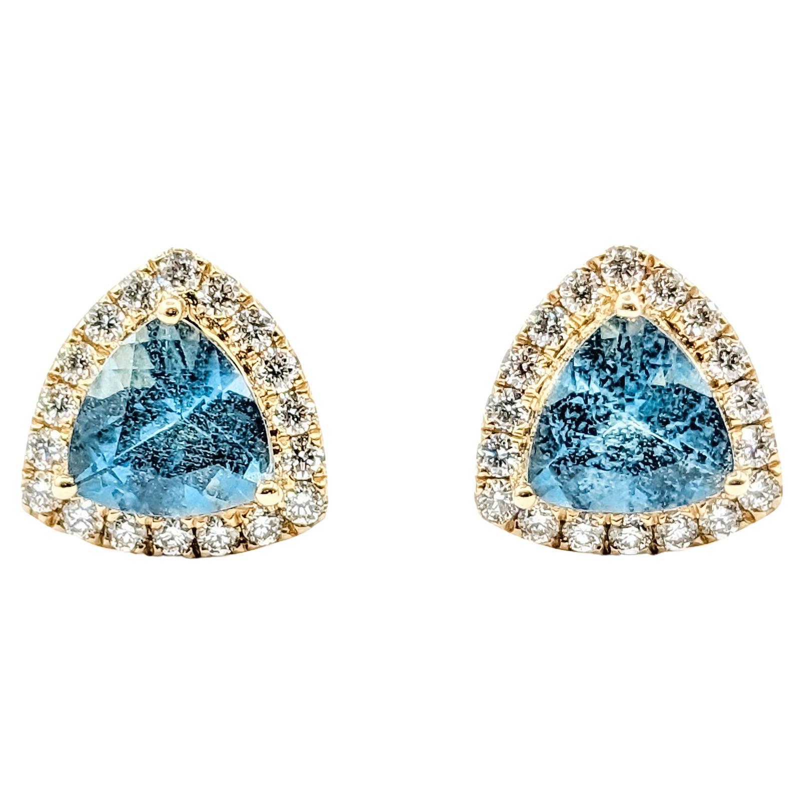 Deep Blue Aquamarine & Diamond Stud Earrings