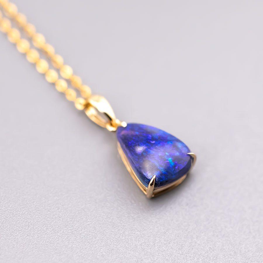 Brilliant Cut Deep Blue Australian Black Opal Pendant Necklace 18K Yellow Gold For Sale