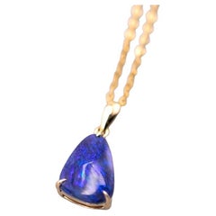 Deep Blue Australian Black Opal Pendant Necklace 18K Yellow Gold