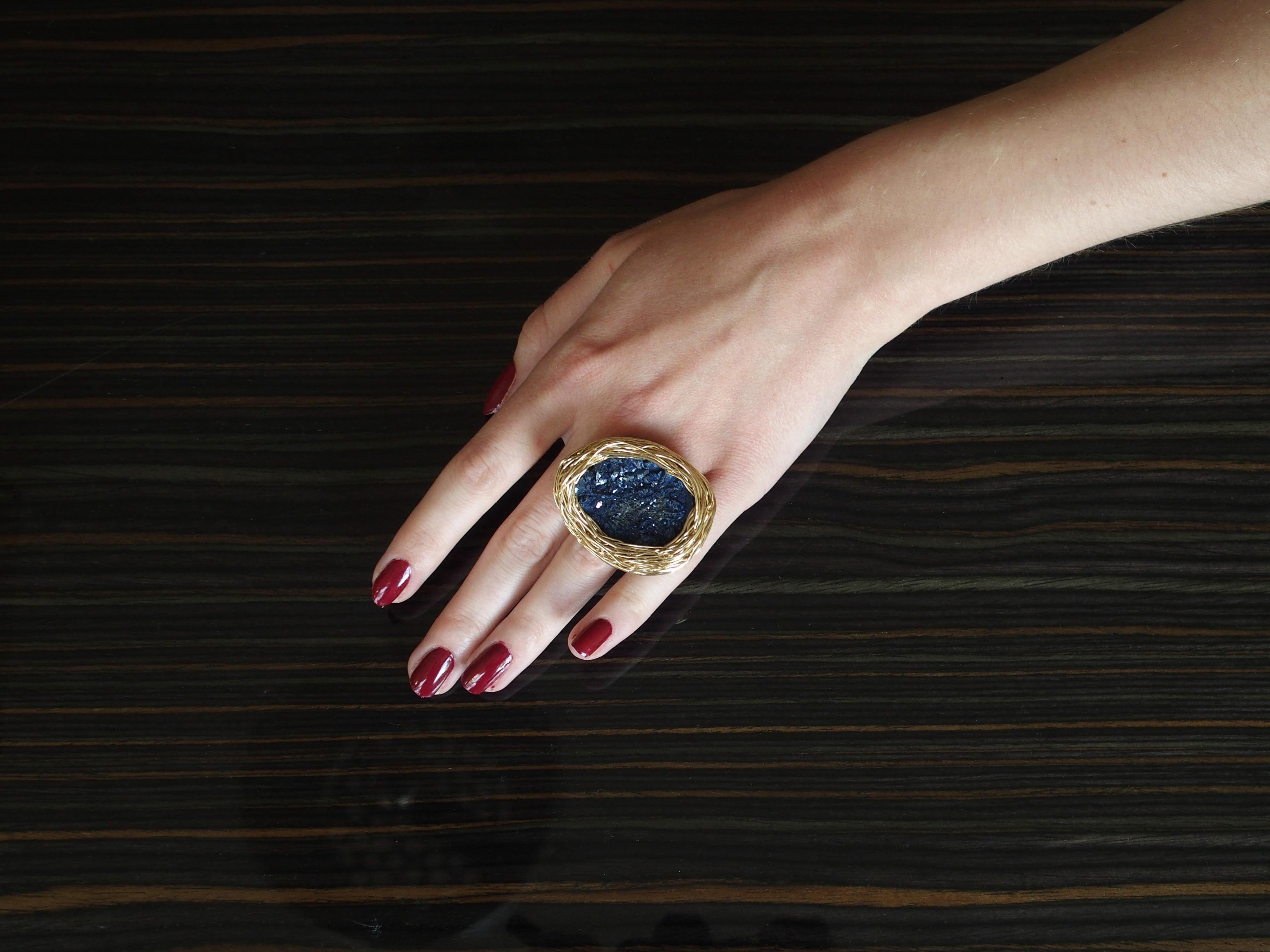 Deep Blue Azurite Statement or Cocktail Ring 14 K Yellow Gold F. by the Artist For Sale 2