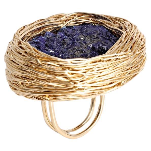 Deep Blue Azurite Statement or Cocktail Ring 14 K Yellow Gold F. by the Artist For Sale 4