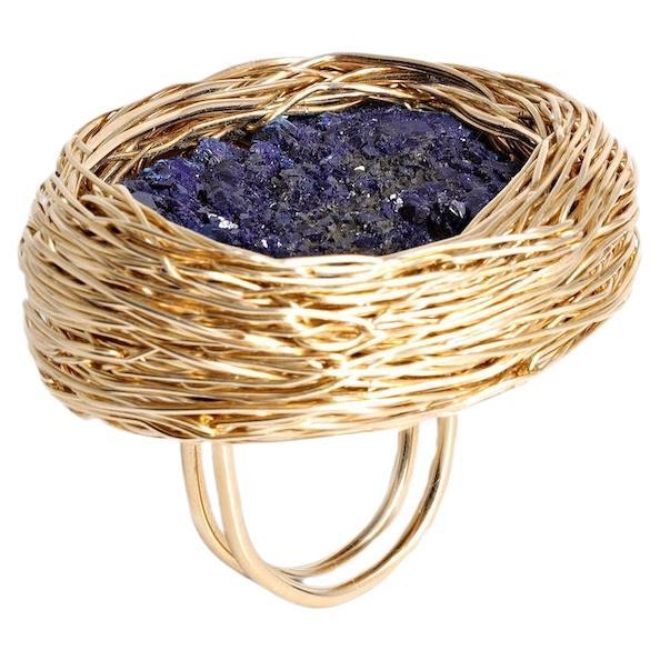 Bague fantaisie ou cocktail en or jaune 14 carats avec azurite d'un bleu profond de l'artiste en vente 4