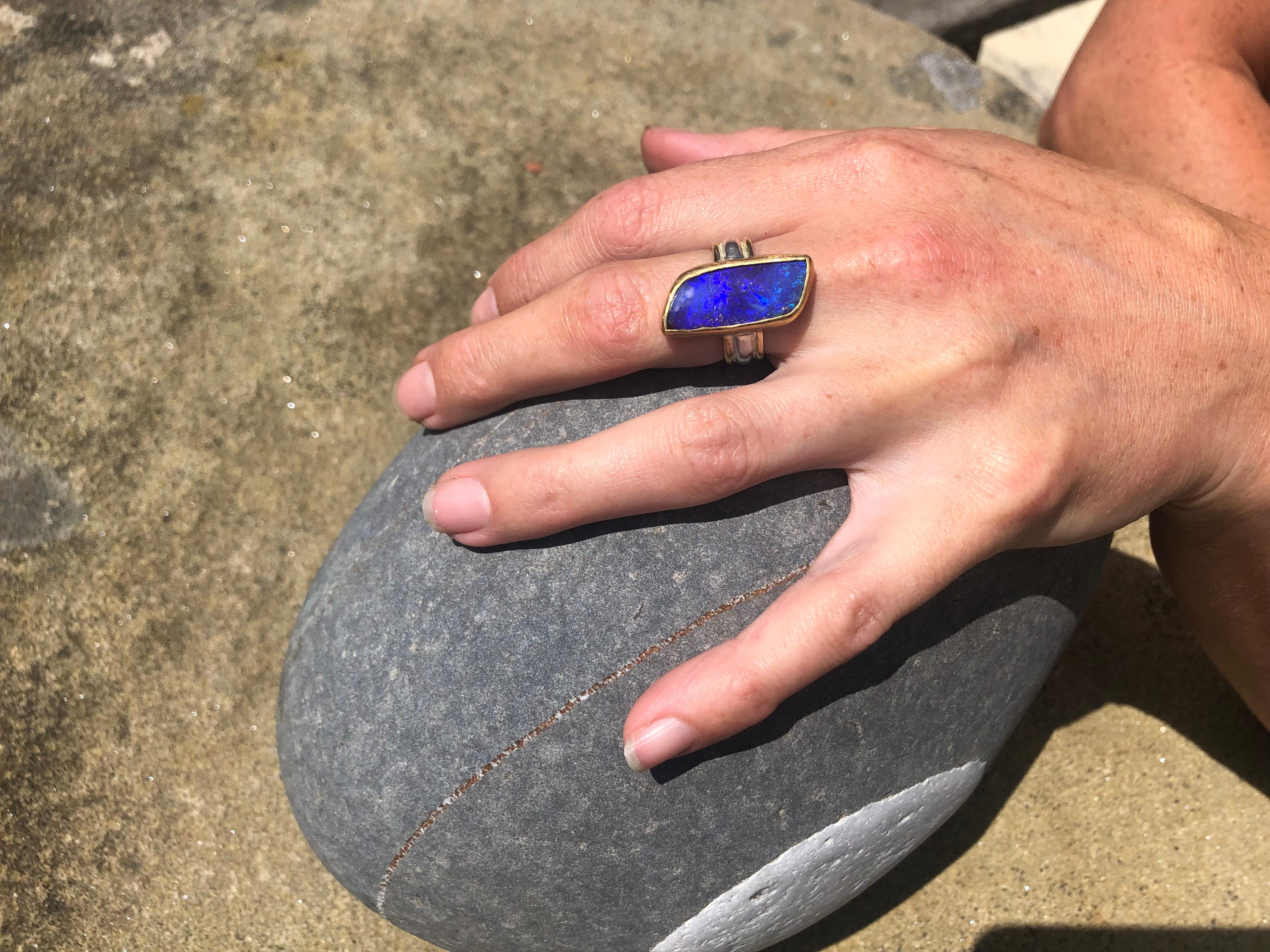 Artisan Deep Blue Boulder Opal Cocktail Ring in 22 and 18 Karat Yellow Gold with Silver