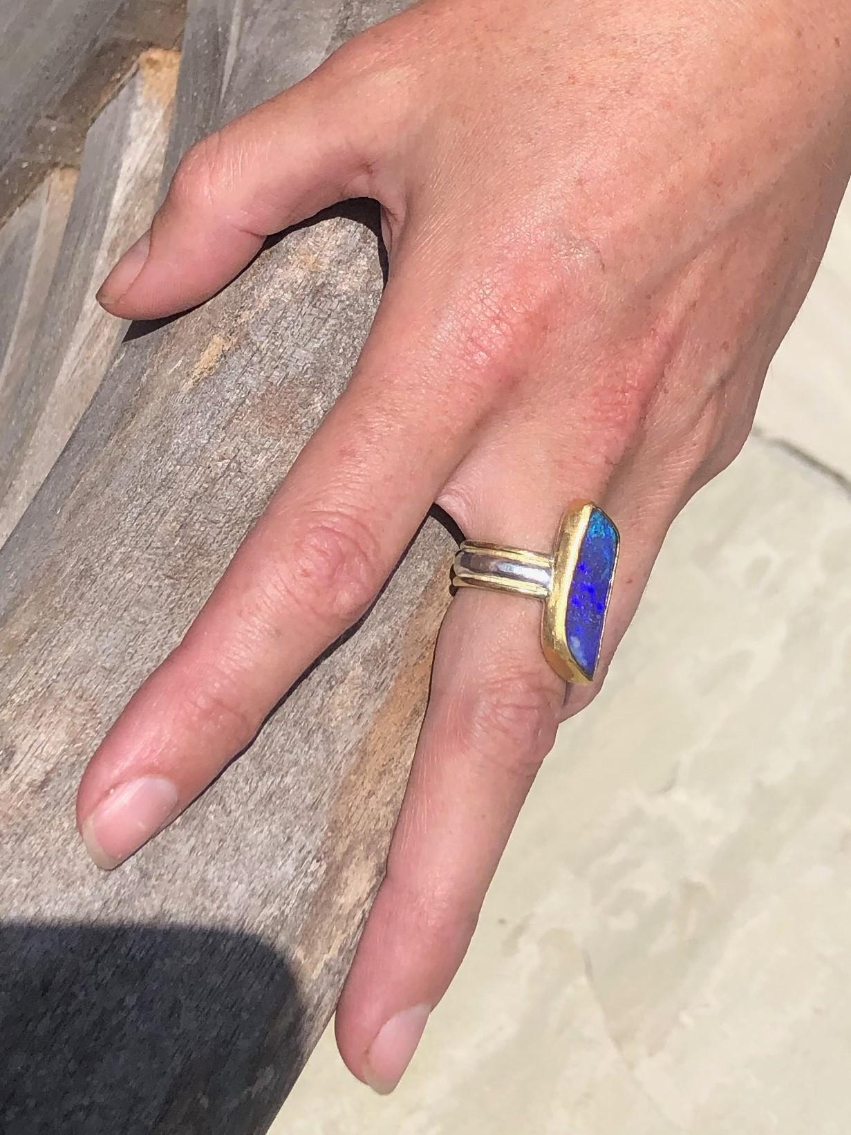Cabochon Deep Blue Boulder Opal Cocktail Ring in 22 and 18 Karat Yellow Gold with Silver