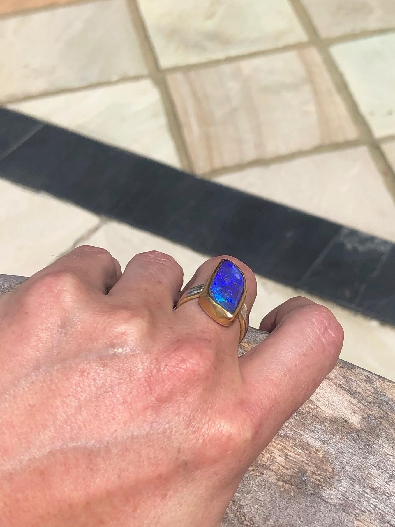 Deep Blue Boulder Opal Cocktail Ring in 22 and 18 Karat Yellow Gold with Silver In New Condition In Devon, GB