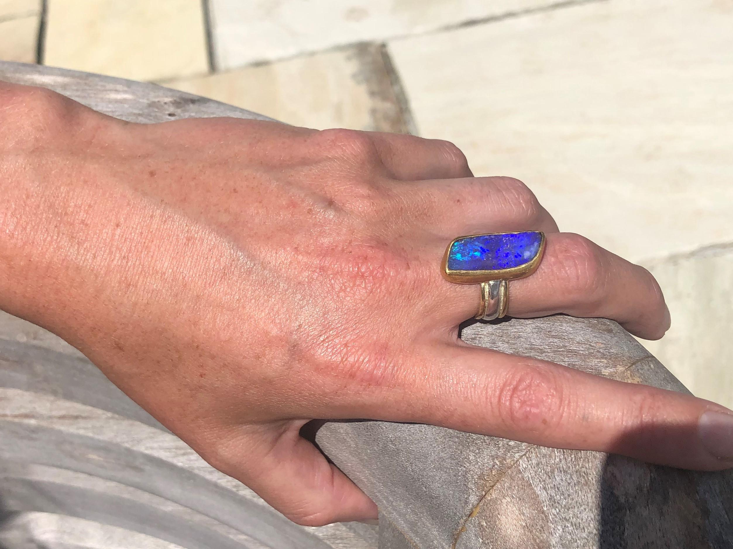 Women's Deep Blue Boulder Opal Cocktail Ring in 22 and 18 Karat Yellow Gold with Silver