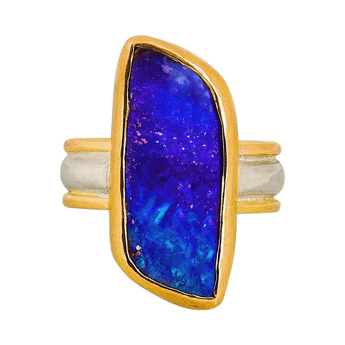 Deep Blue Boulder Opal Cocktail Ring in 22 and 18 Karat Yellow Gold with Silver