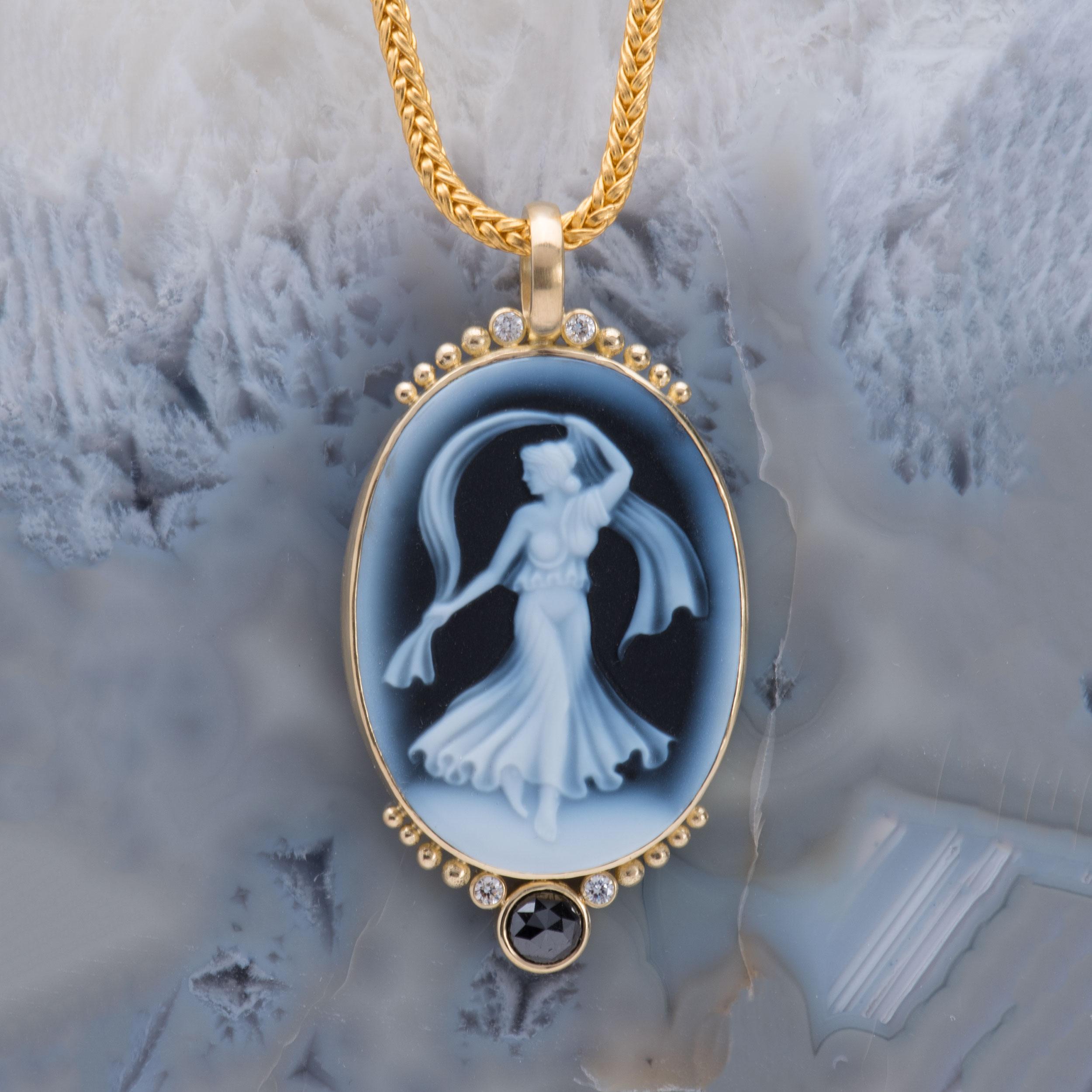 Women's or Men's Deep Blue Cameo Pendant with Diamonds For Sale