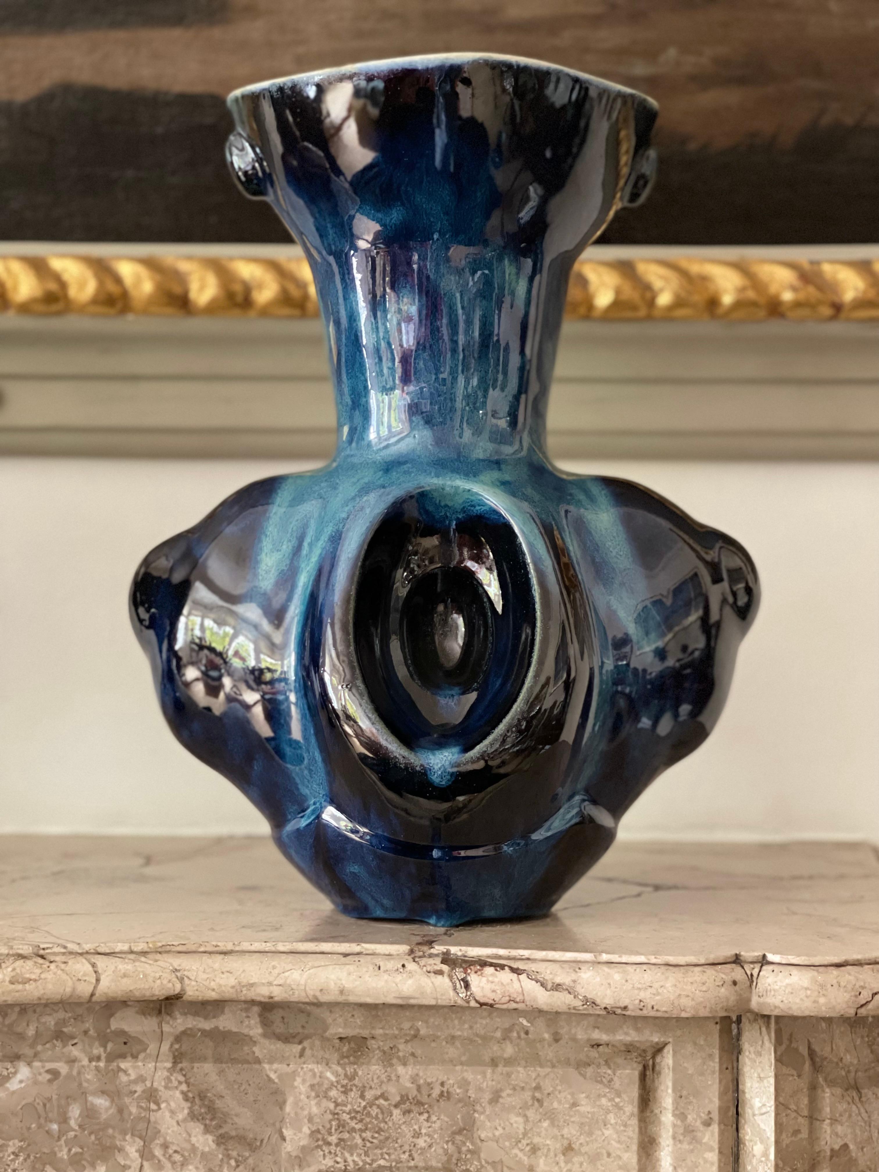 British Deep Blue Ceramic Vase Contemporary 21st Century Italian Unique Piece For Sale