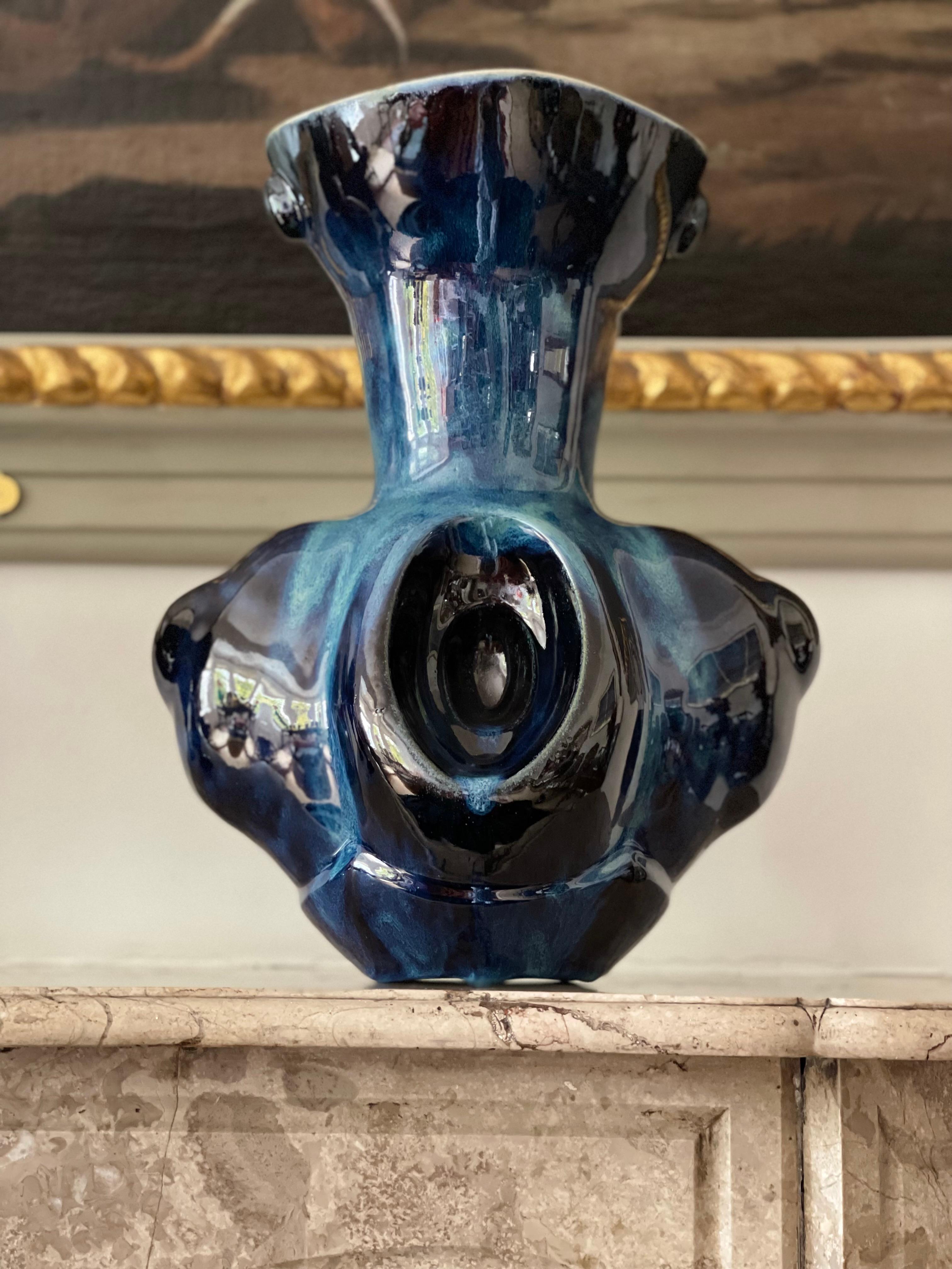Glazed Deep Blue Ceramic Vase Contemporary 21st Century Italian Unique Piece For Sale